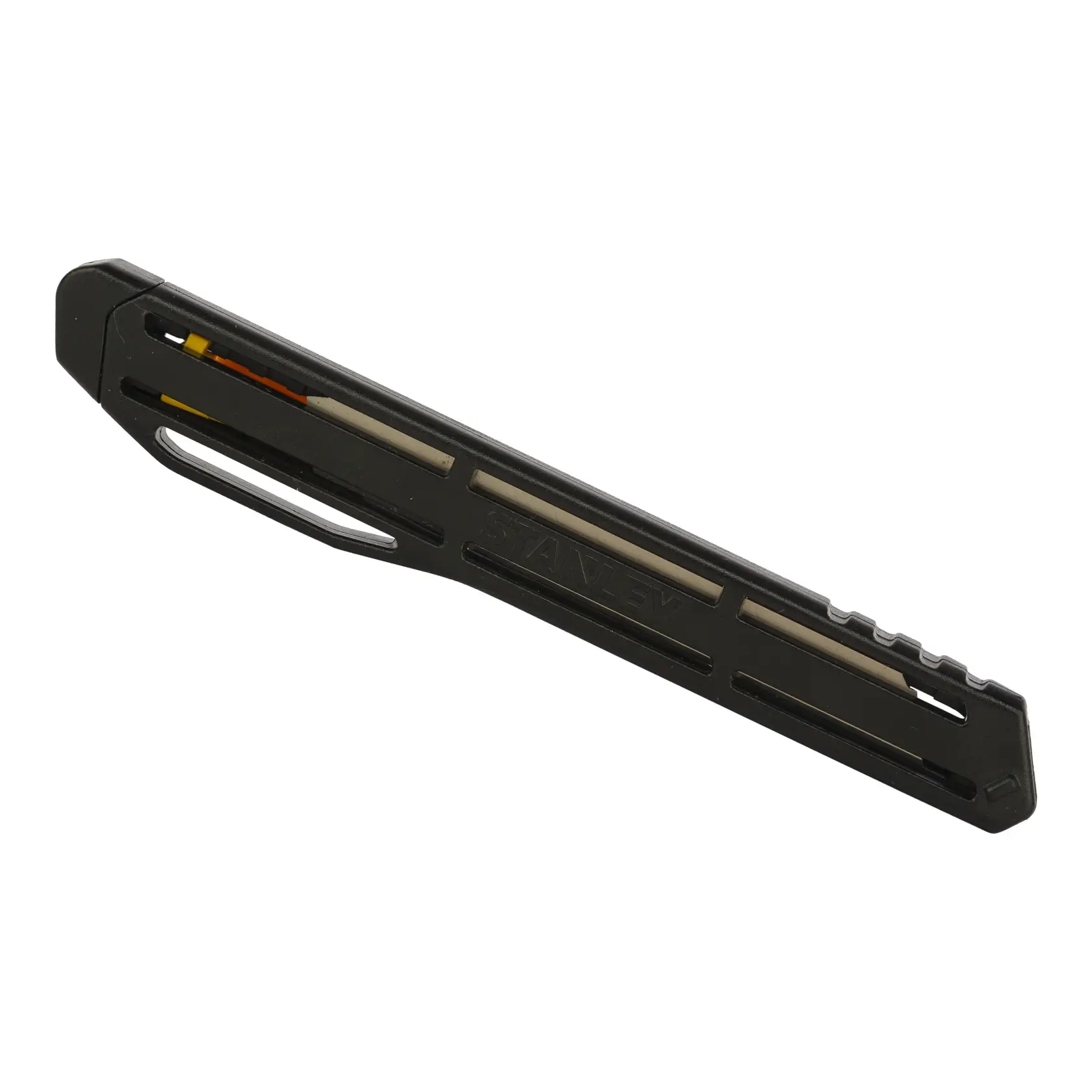 STANLEY STHT10322-800 black slim utility knife, side angle, with integrated blade storage.