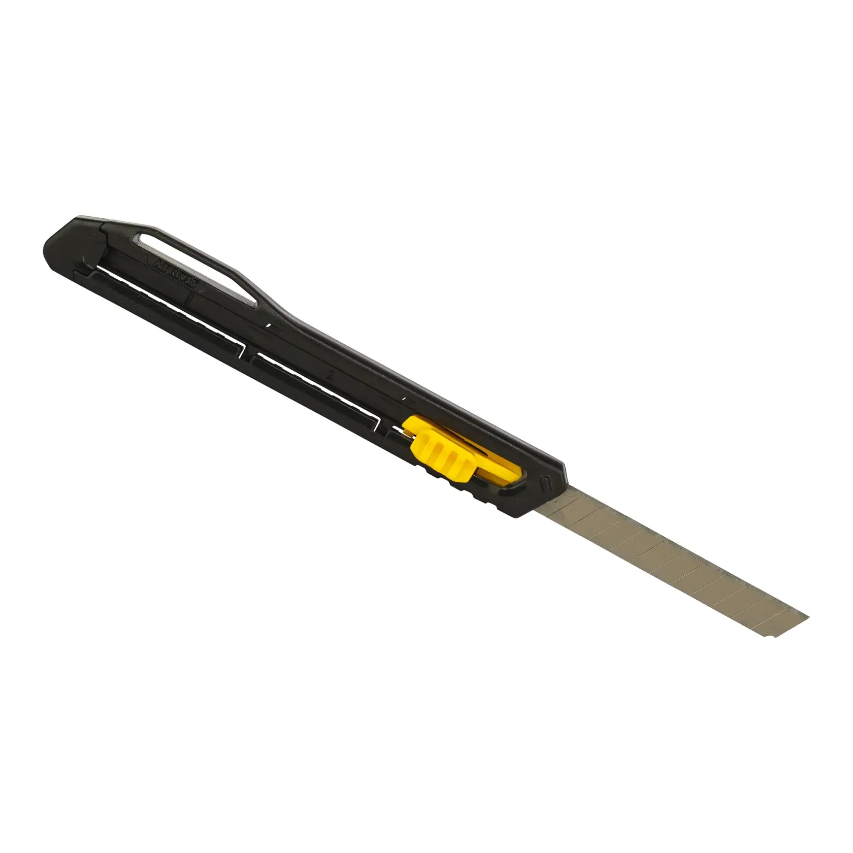 STANLEY STHT10322-800 utility knife with black handle, yellow slider, extended segmented blade, side angle.