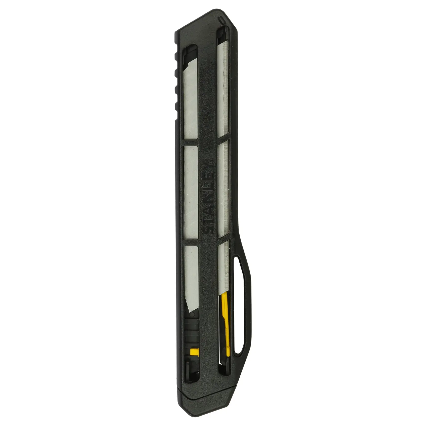 STANLEY STHT10323-800 utility knife with black and yellow body, straight angle, white background.