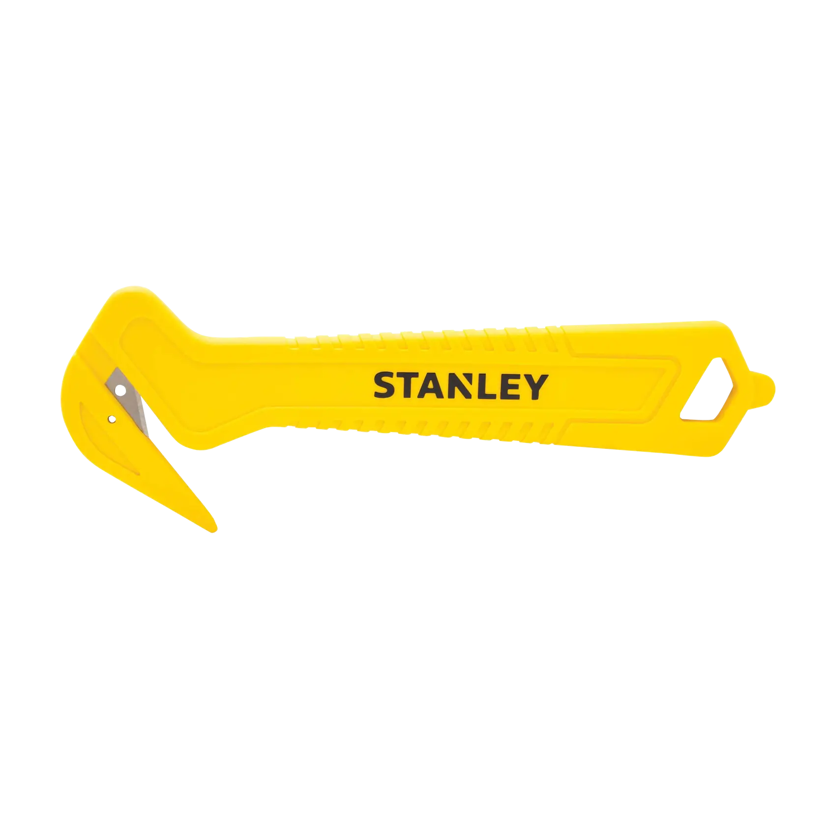 Front angle of STANLEY yellow safety cutter with hooked blade and ergonomic handle on white background.