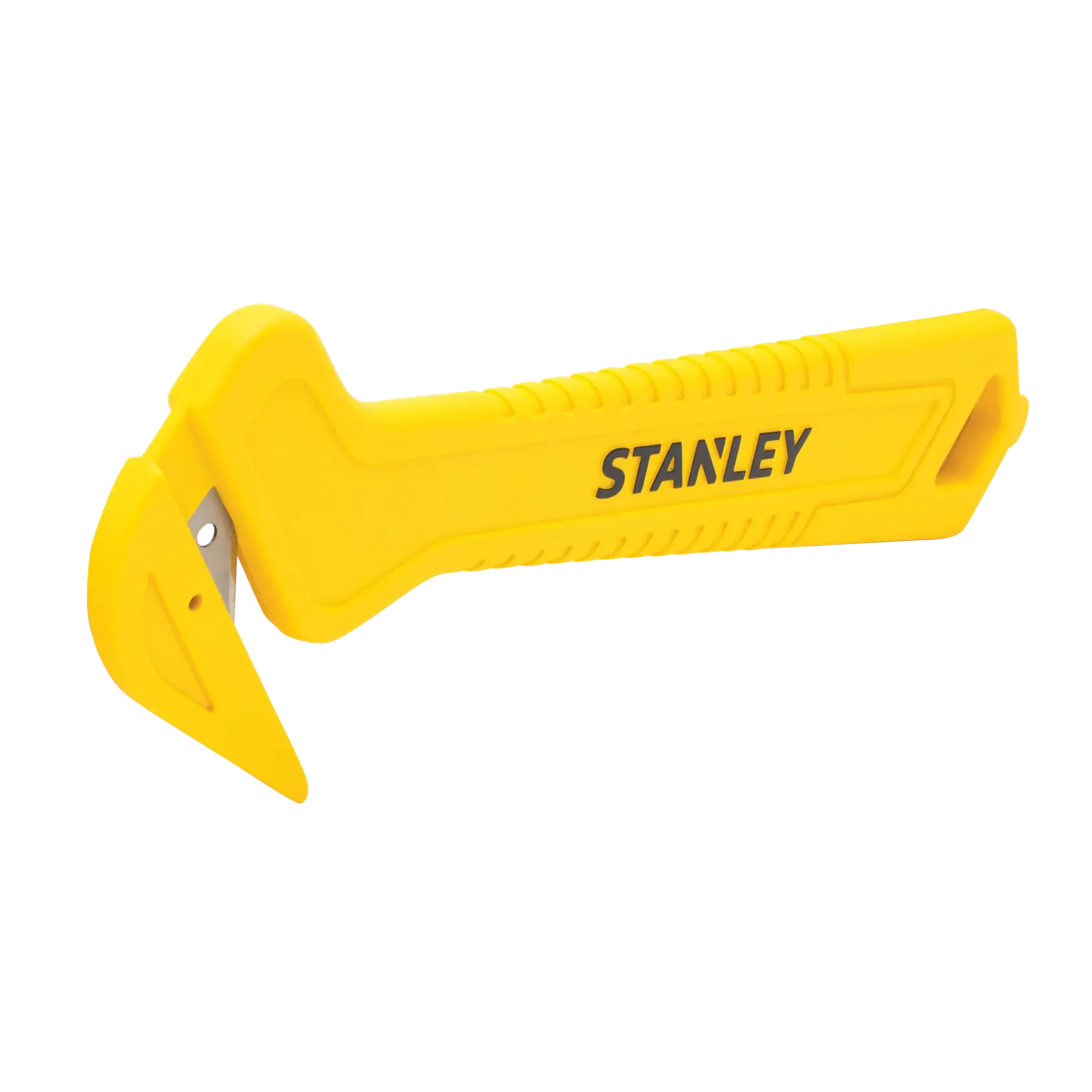 Stanley yellow safety box cutter with angled blade, side view on white background