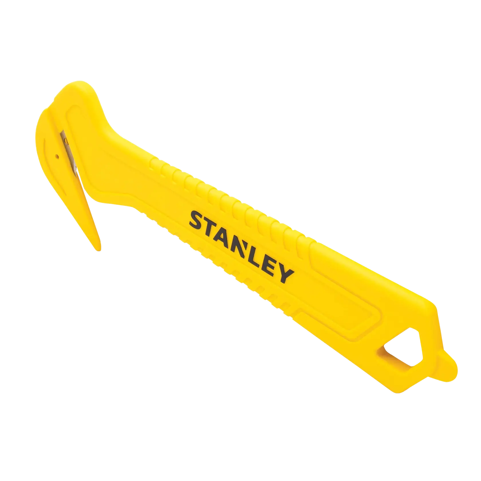 Stanley yellow plastic safety cutter with hooked blade, angled side view on white background