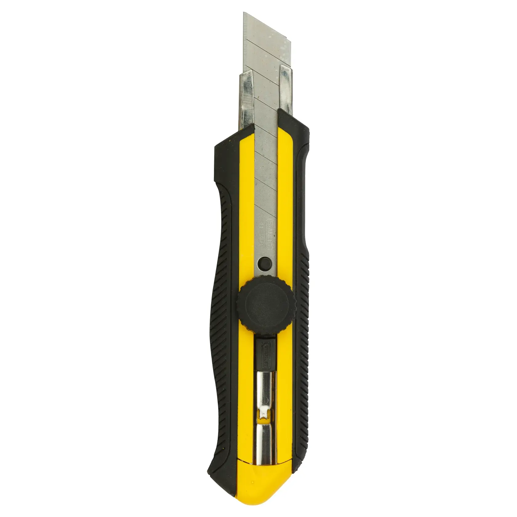 Yellow and black snap-off utility knife with adjustable blade for cutting tasks.