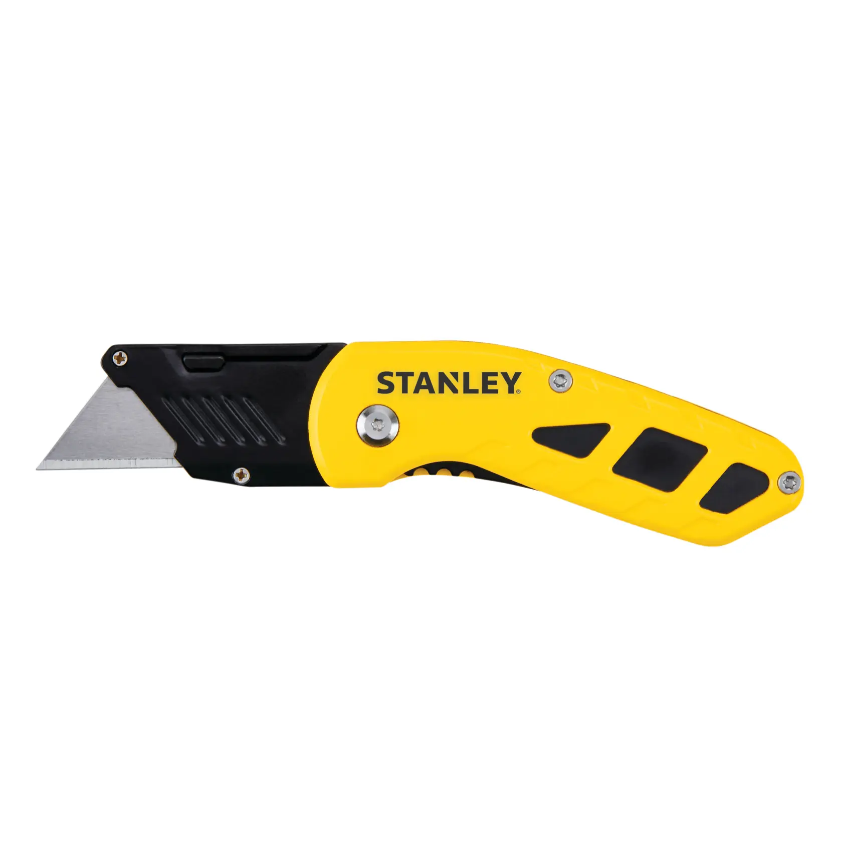 STANLEY STHT10424-0 folding utility knife, yellow and black handle, side view on white background.