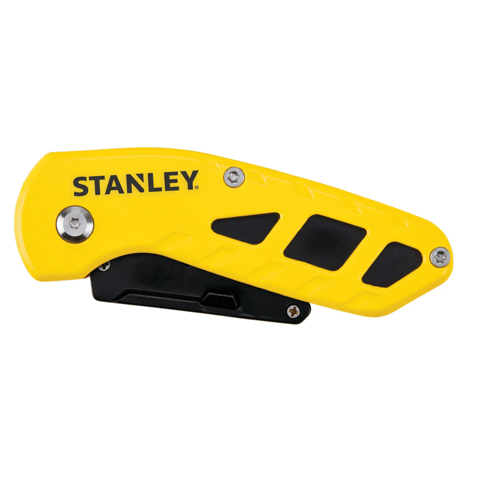STANLEY STHT10424-0 folding utility knife with yellow and black handle, left side view, on white background.