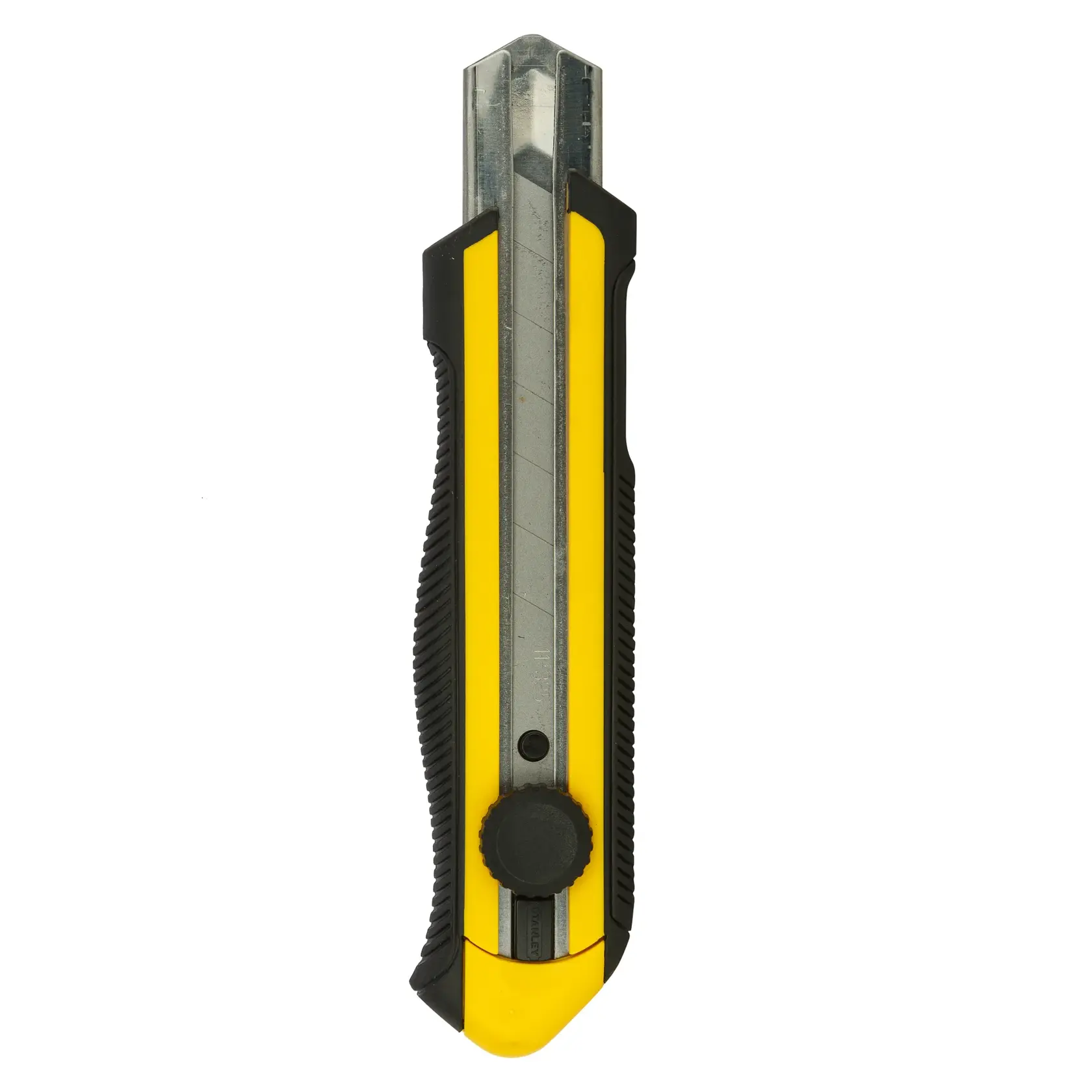 Yellow and black retractable utility knife with segmented blade for cutting tasks.