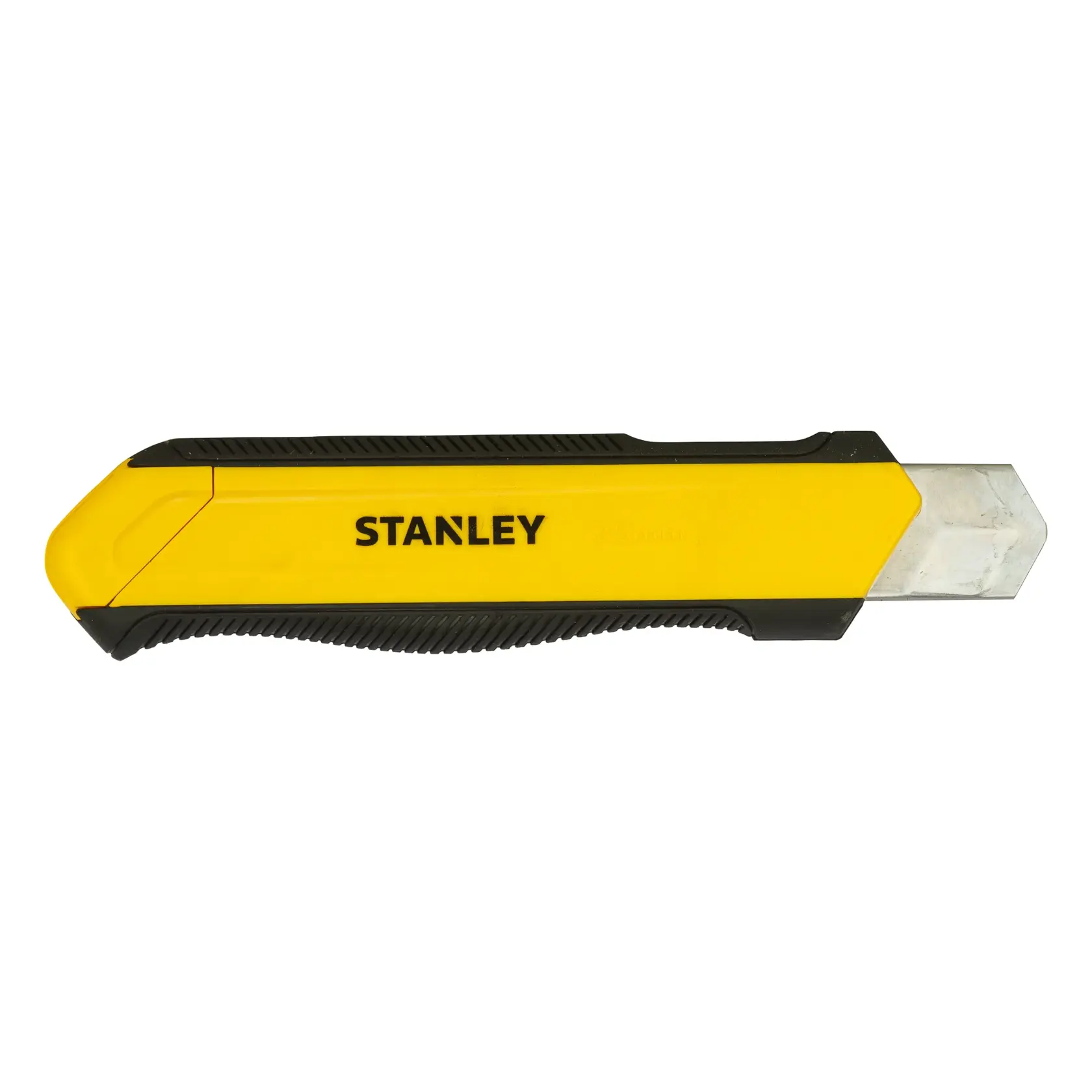 Yellow and black Stanley utility knife with a retractable blade shown on a white background.