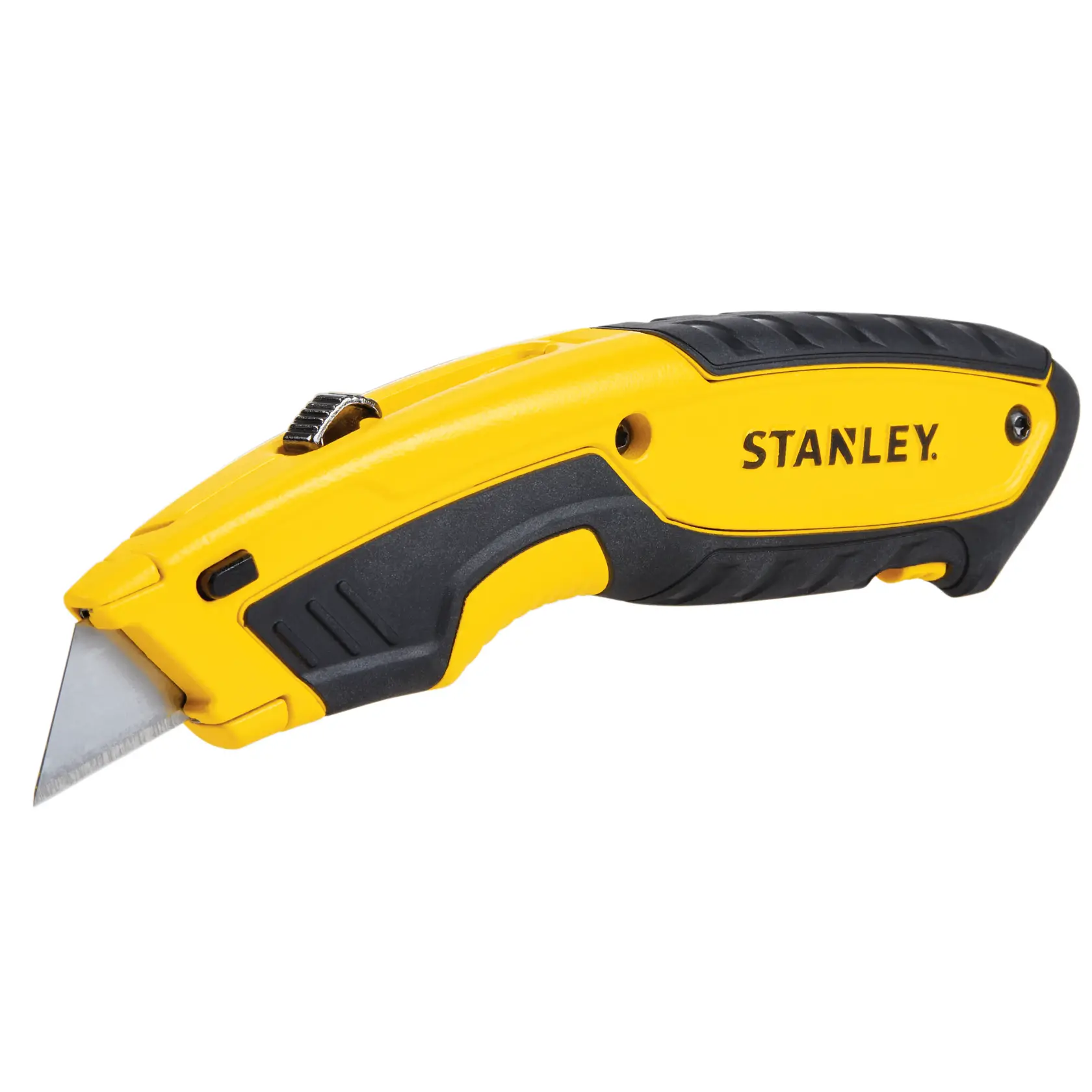 Photo of STANLEY STHT10479-0 yellow and black utility knife, angled right, with textured grip and exposed blade.