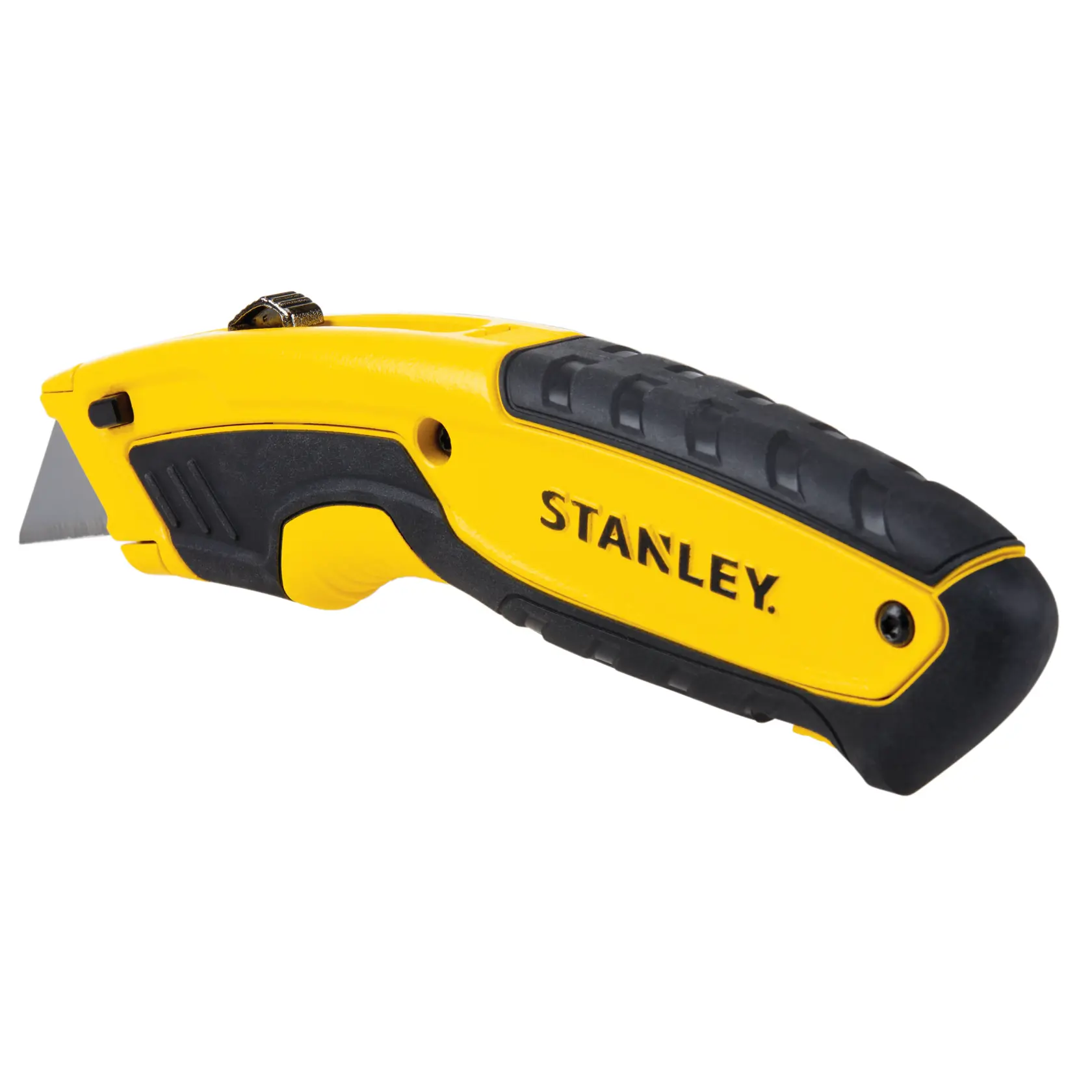 Photo of STANLEY STHT10479-0 utility knife with yellow and black handle, side view on white background.