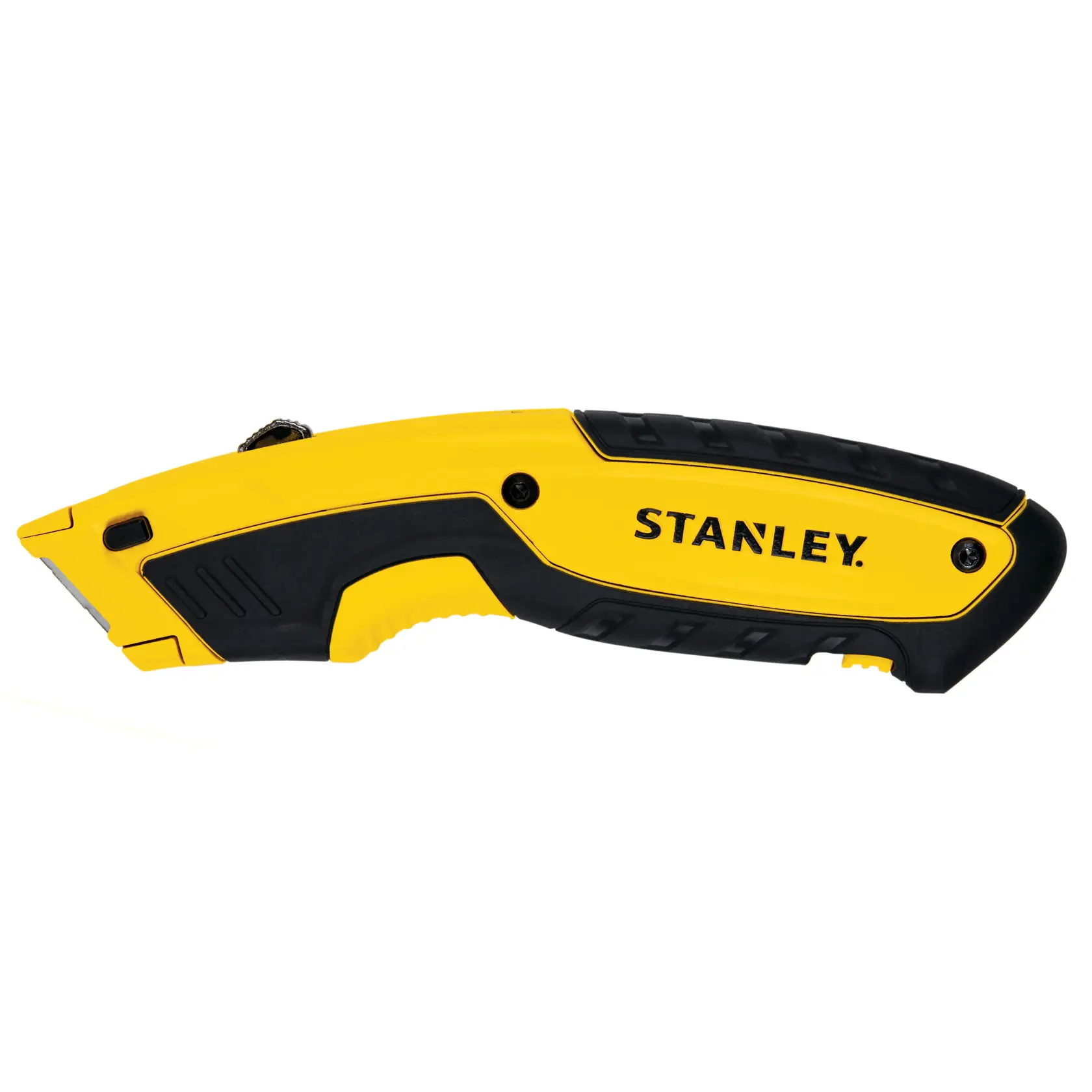 STANLEY STHT10479-0 utility knife, yellow and black, side angle on white background.