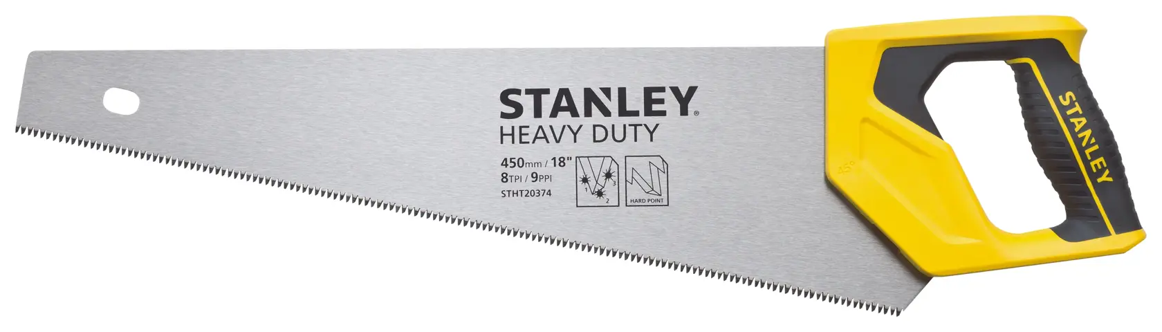 STANLEY STHT20374-LA hand saw, heavy duty, 18-inch blade with yellow and black handle, side angle on white background.