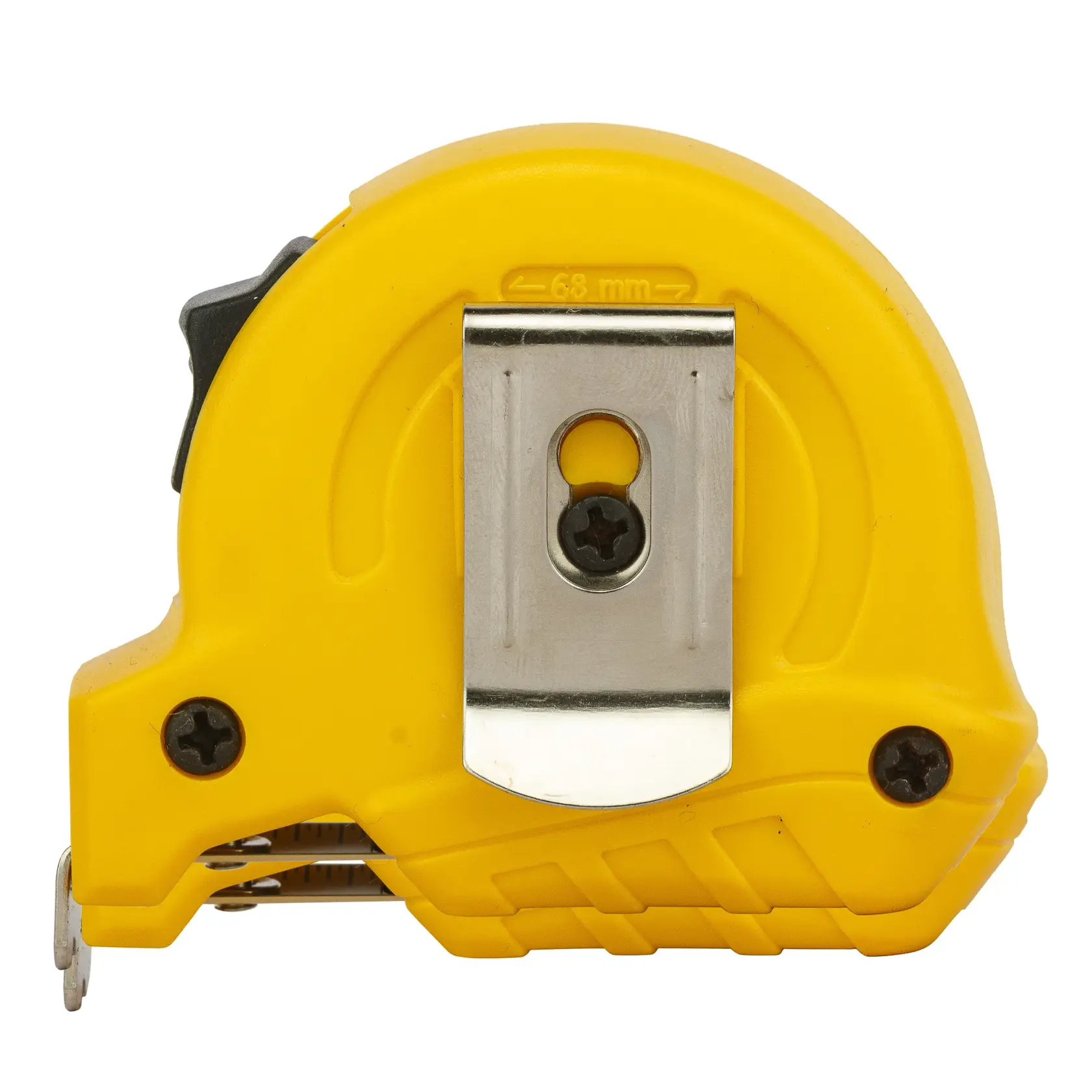 Photo of STANLEY STHT36125-812 yellow tape measure with metal belt clip, side angle, on white background.