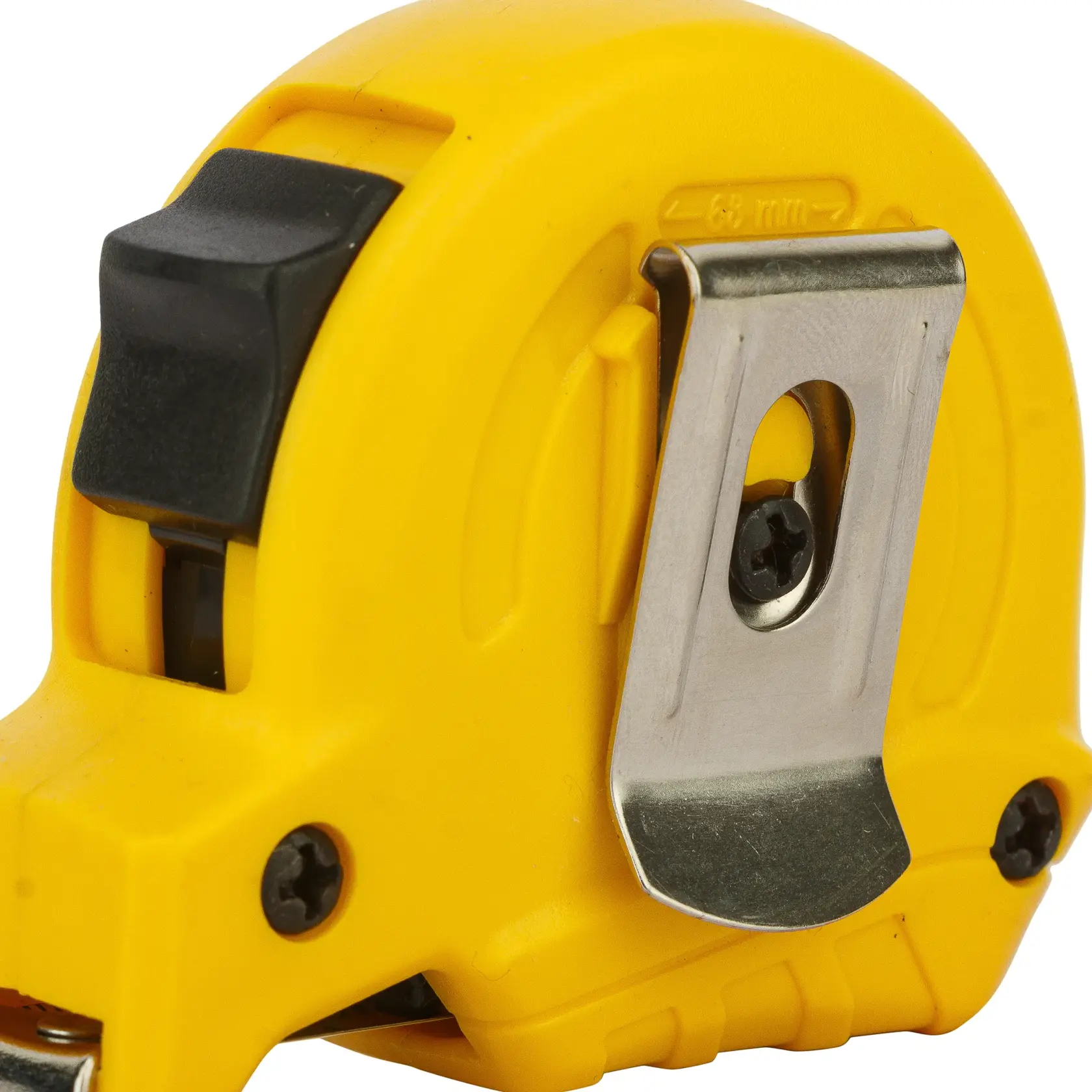 STANLEY STHT36125-812 tape measure close-up, showing yellow casing and metal belt clip, product side view.