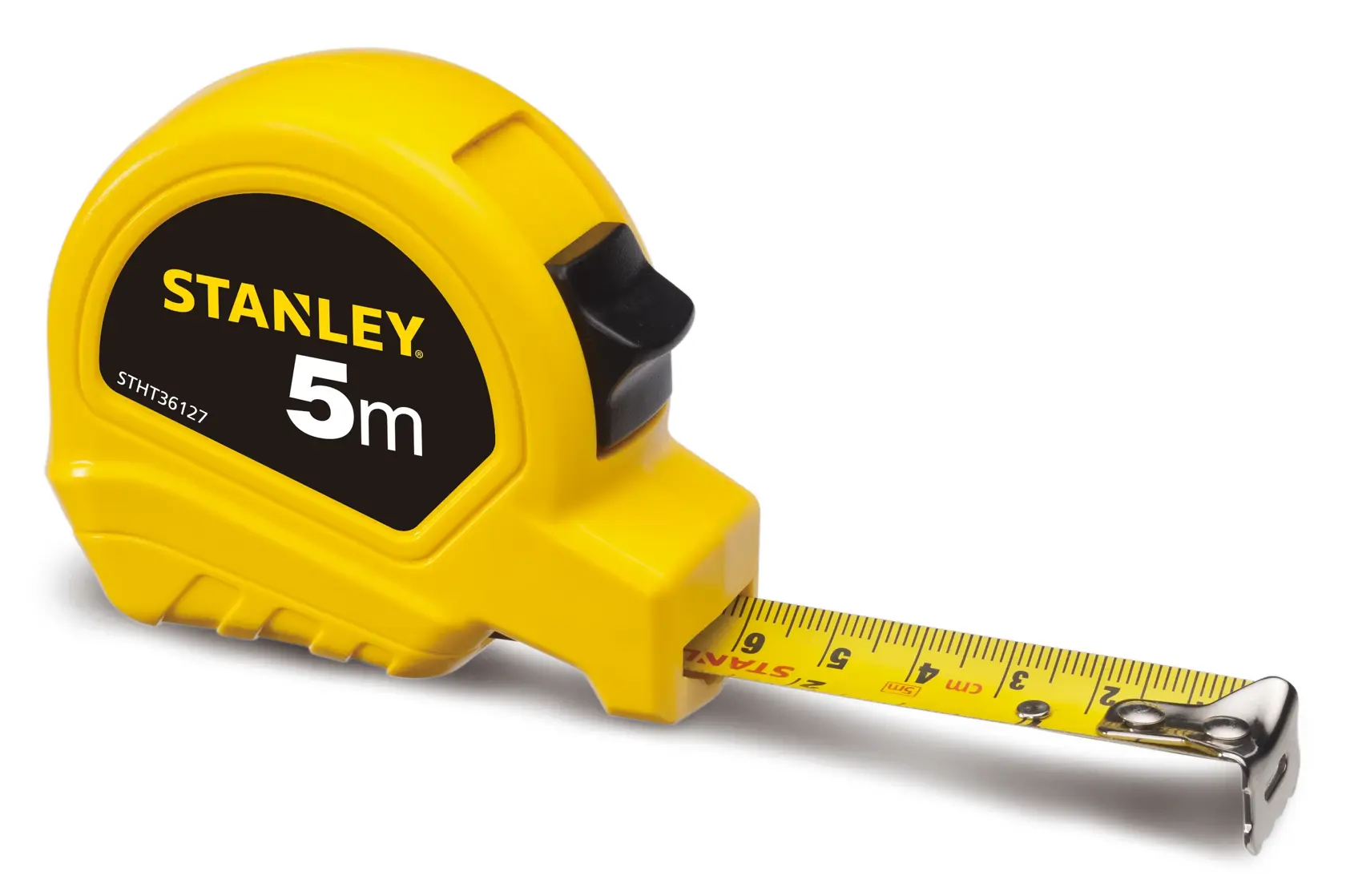 Stanley STHT36127-812 yellow 5m tape measure, side angle, with extended measuring blade.