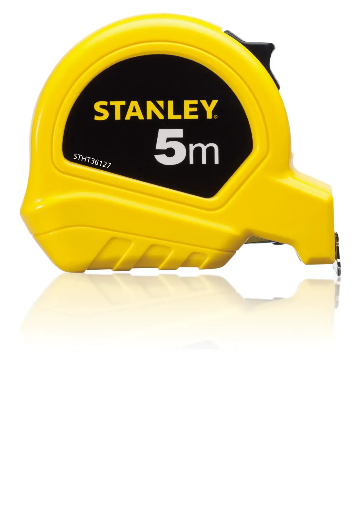 STANLEY STHT36127-812 yellow 5m tape measure, left side view, on white background.