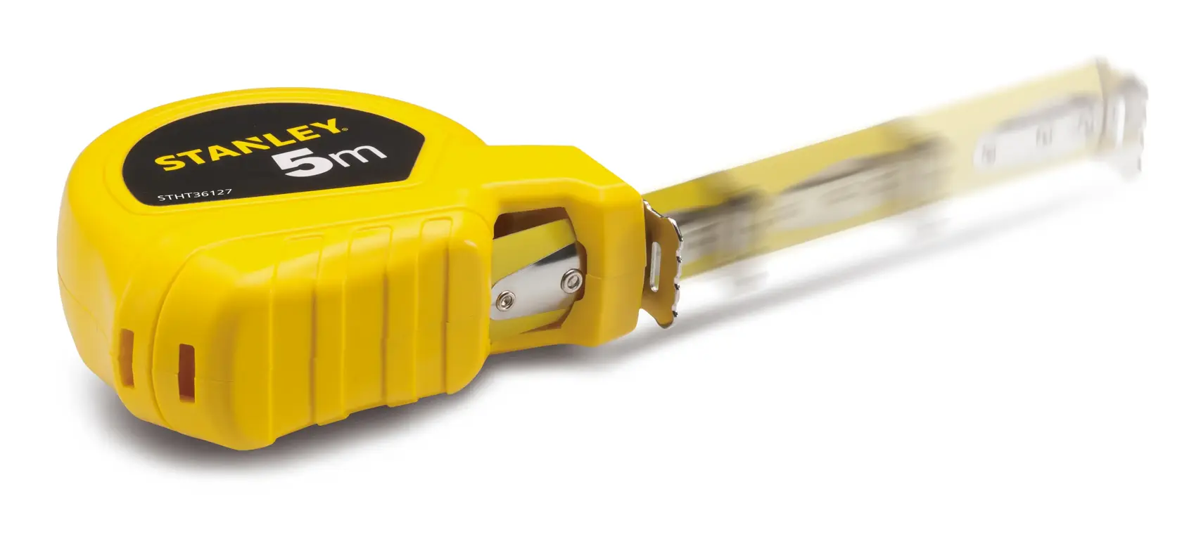 STANLEY STHT36127-812 yellow 5m tape measure, extended blade, side angle, white background.