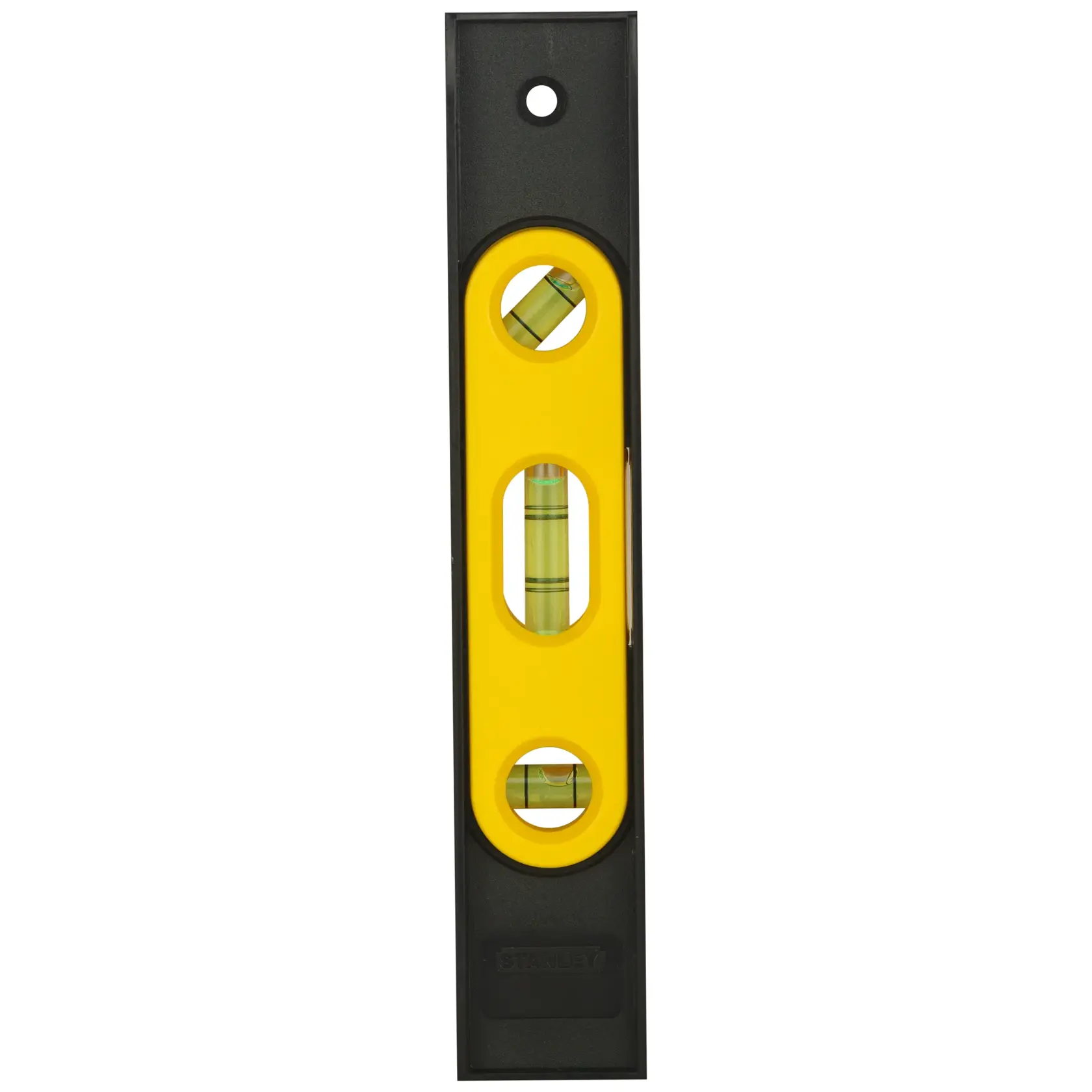 Photo of STANLEY STHT42264-812 yellow and black spirit level, front angle, with three bubble vials.