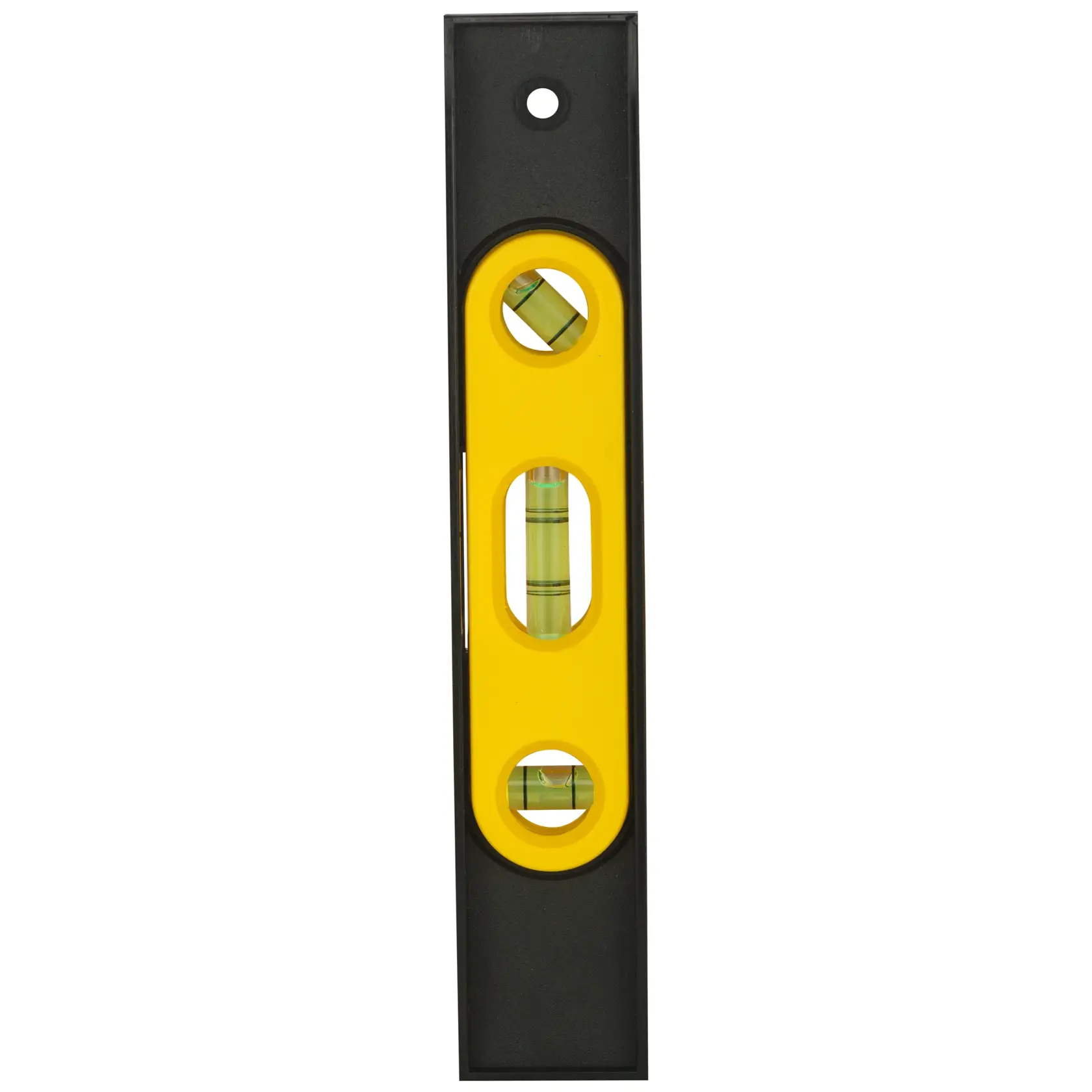 STANLEY STHT42264-812 spirit level with yellow and black body, three bubble vials, front angle, white background.
