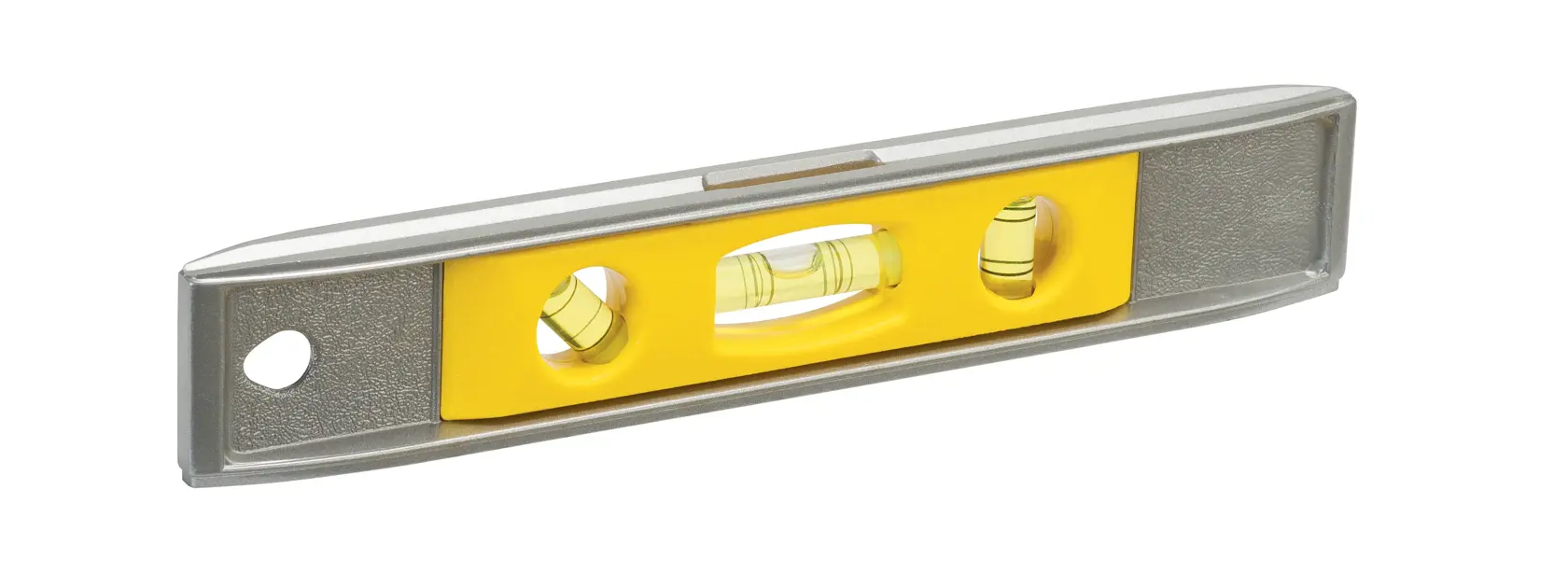 STANLEY STHT42465-812 aluminum spirit level, yellow center, side angle on white background.