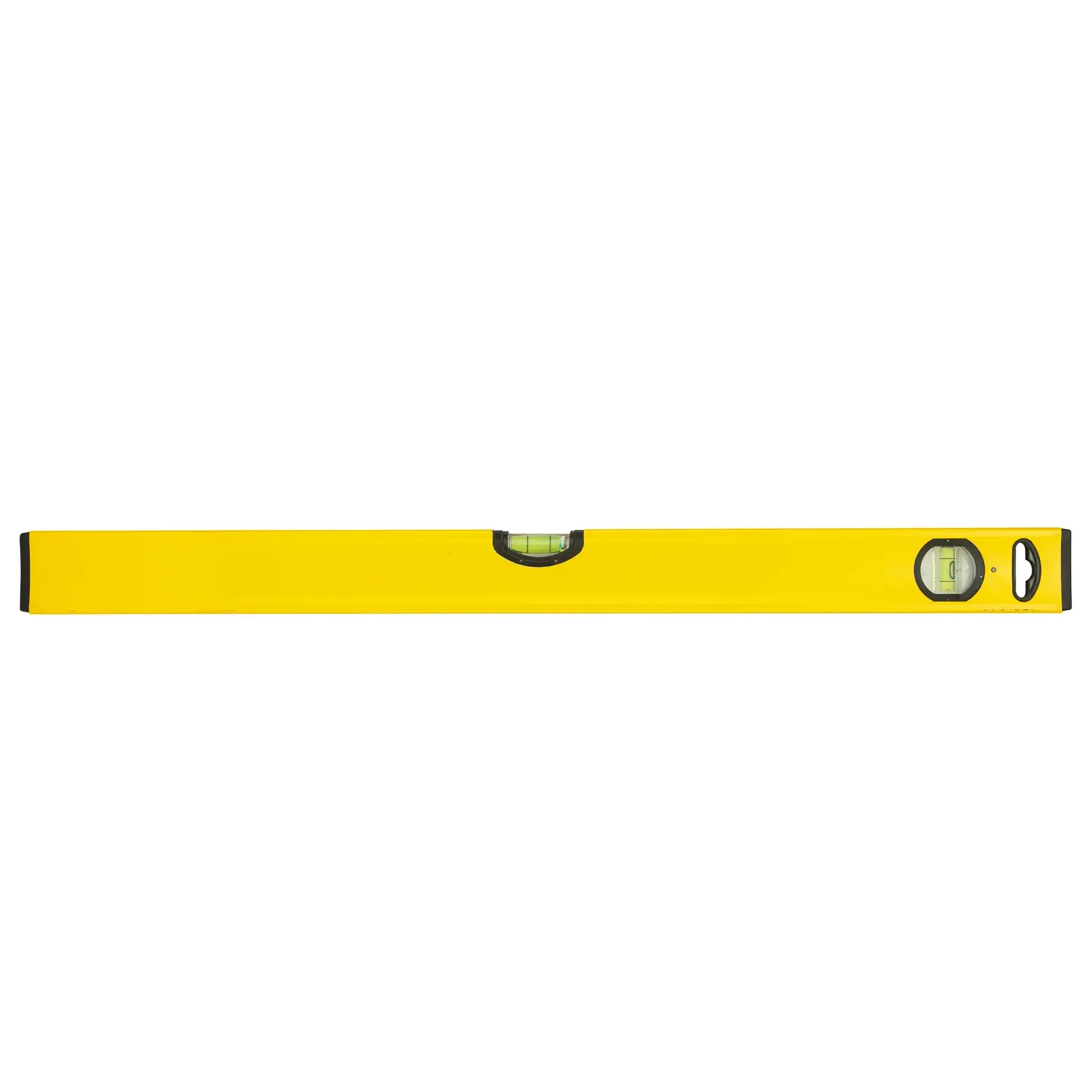 Yellow Stanley spirit level with two bubble vials for measuring horizontal and vertical alignment.