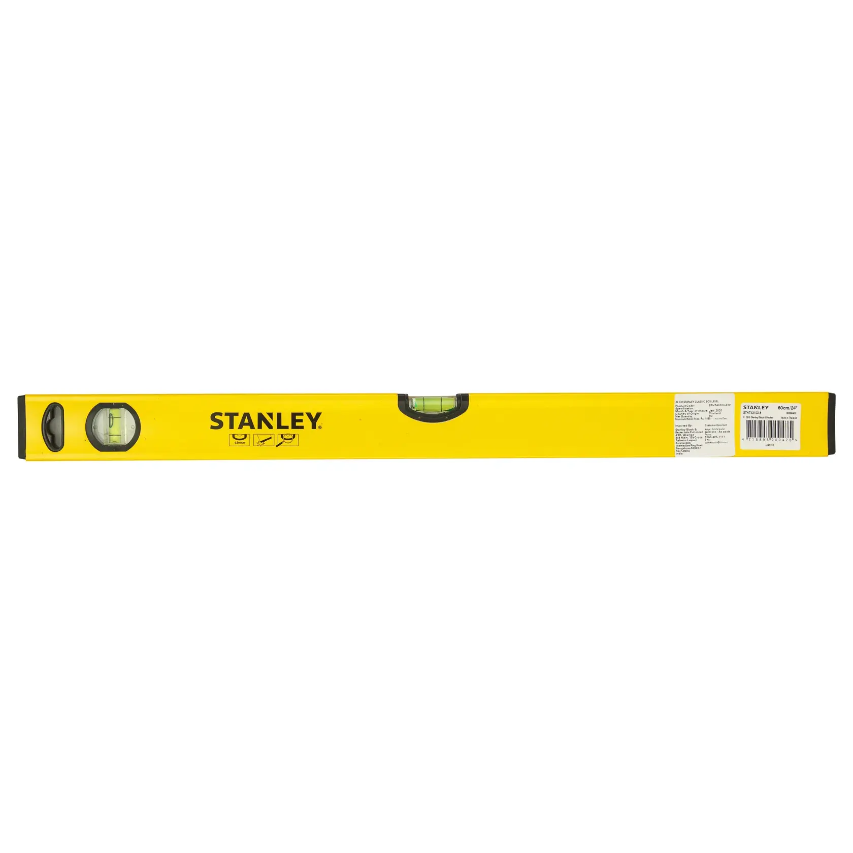 Yellow Stanley spirit level with three bubble vials for accurate leveling, rectangular shape.