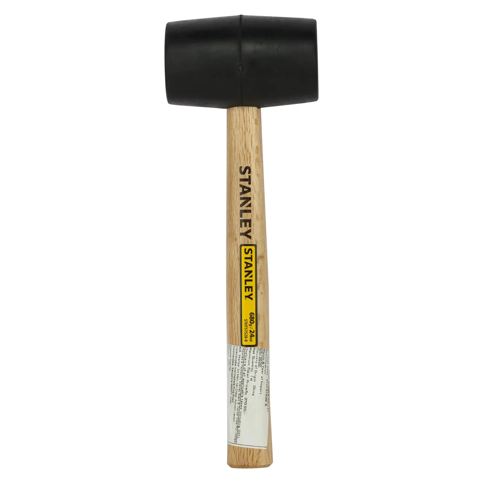 Stanley rubber mallet with wooden handle, black head, used for gentle striking in photography and construction.