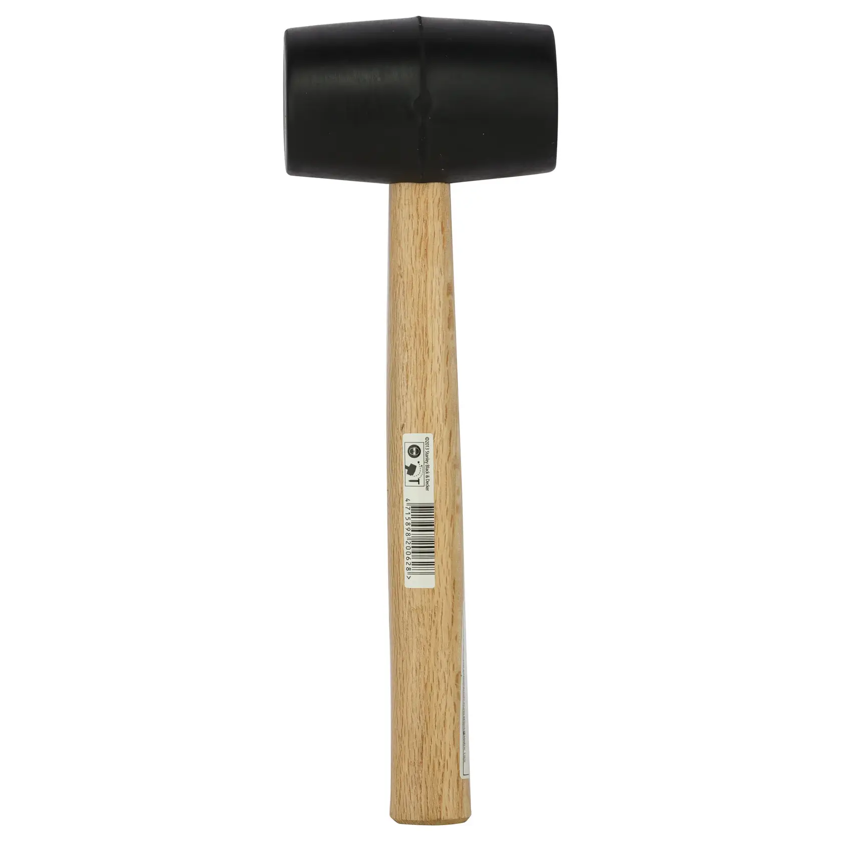 Rubber mallet with a black head and wooden handle, shown vertically on a white background.
