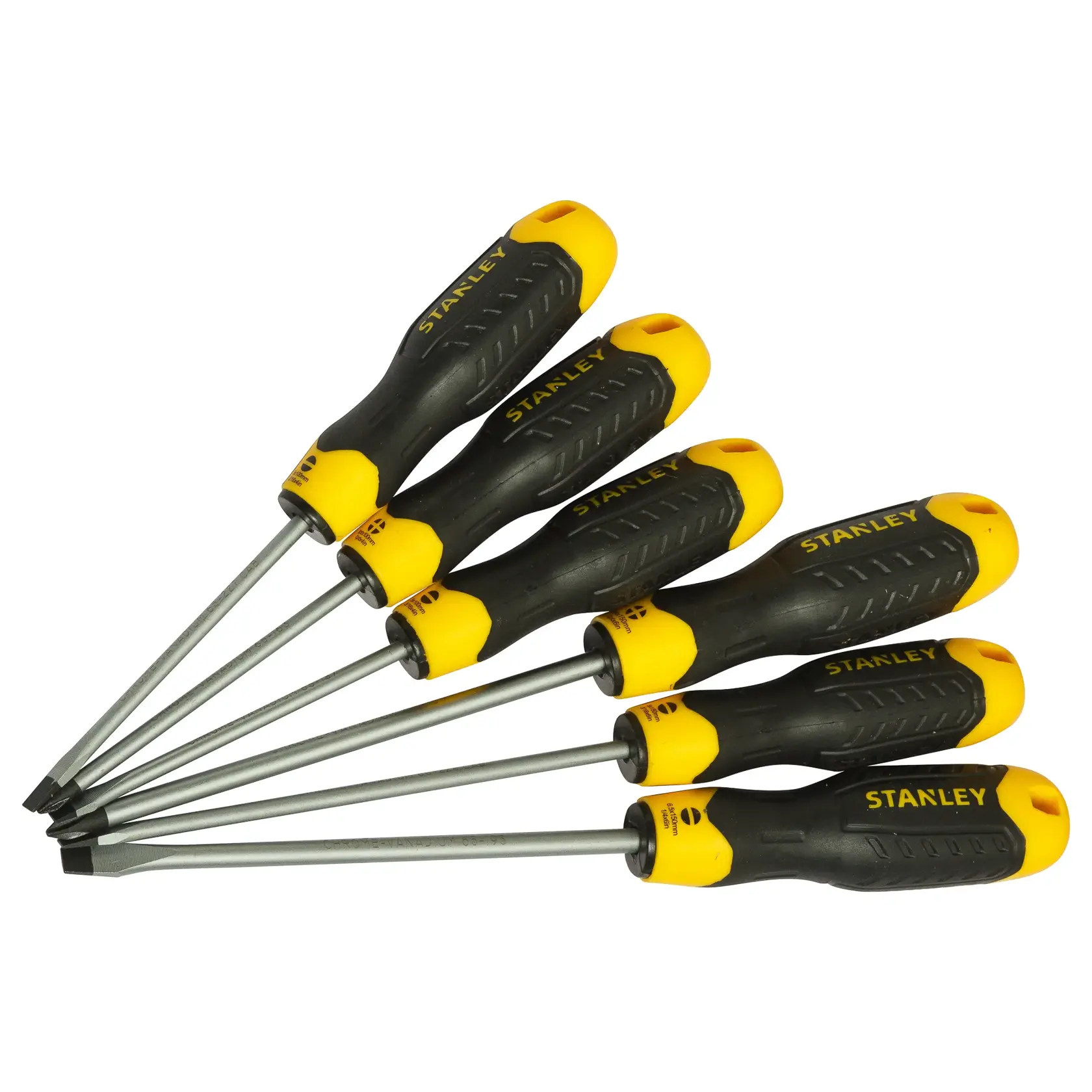 Stanley set of six screwdrivers with black and yellow handles, arranged in a fan shape on white background.