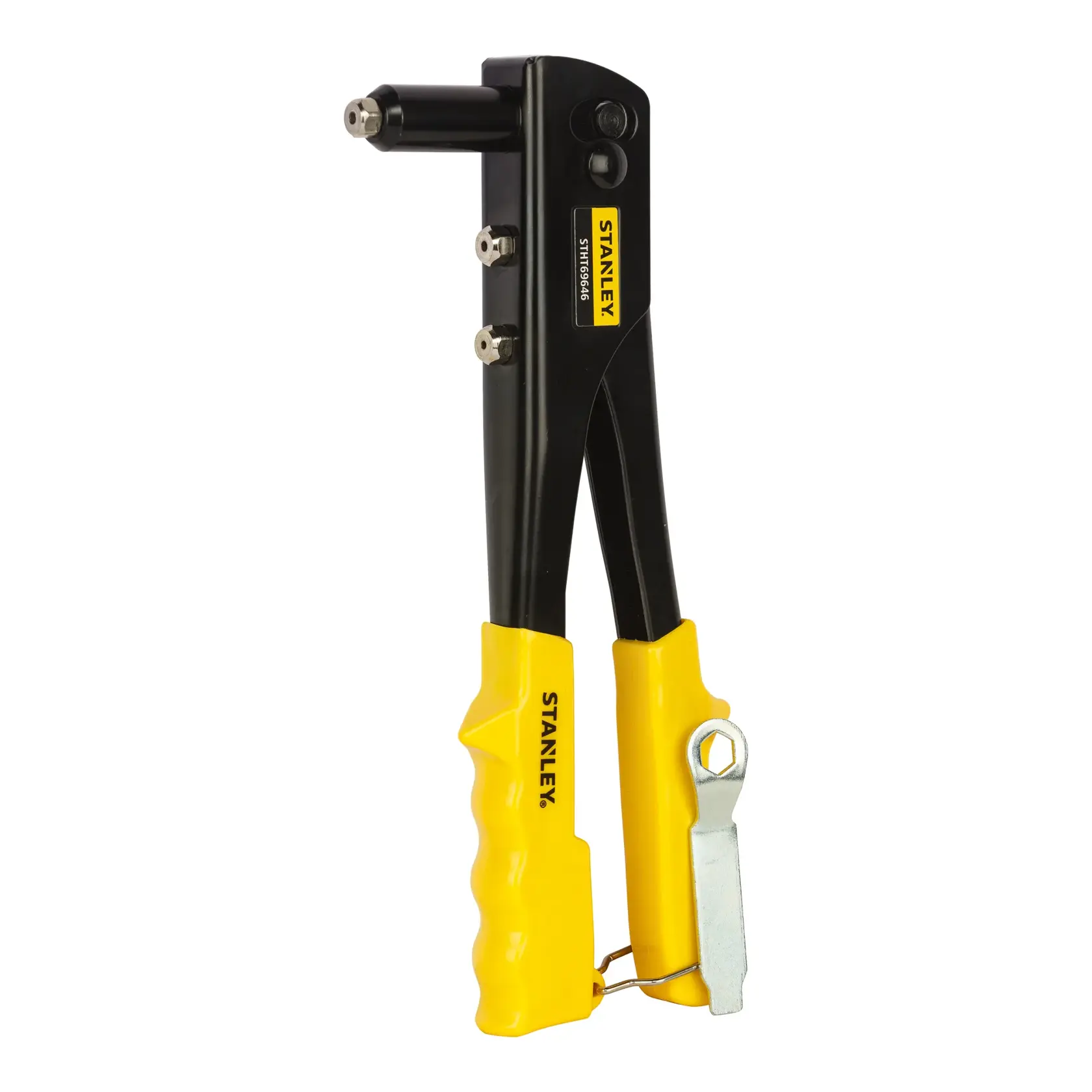 STANLEY STHT69646-8 hand riveter tool, yellow and black handles, side angle on white background.
