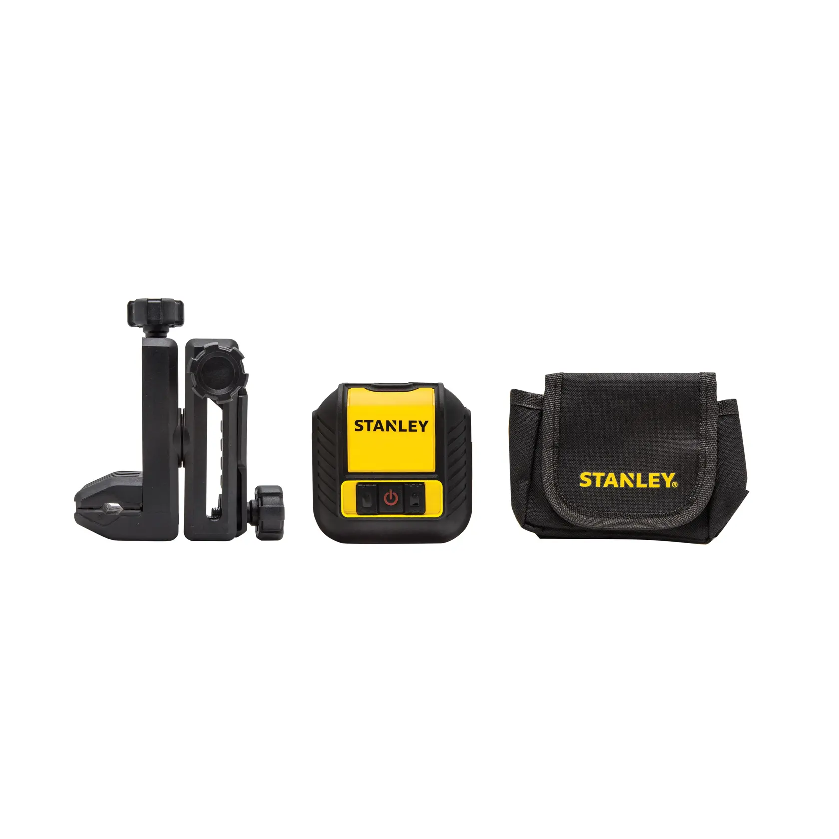 Stanley laser level with mount and carrying pouch, all shown side by side on a white background.