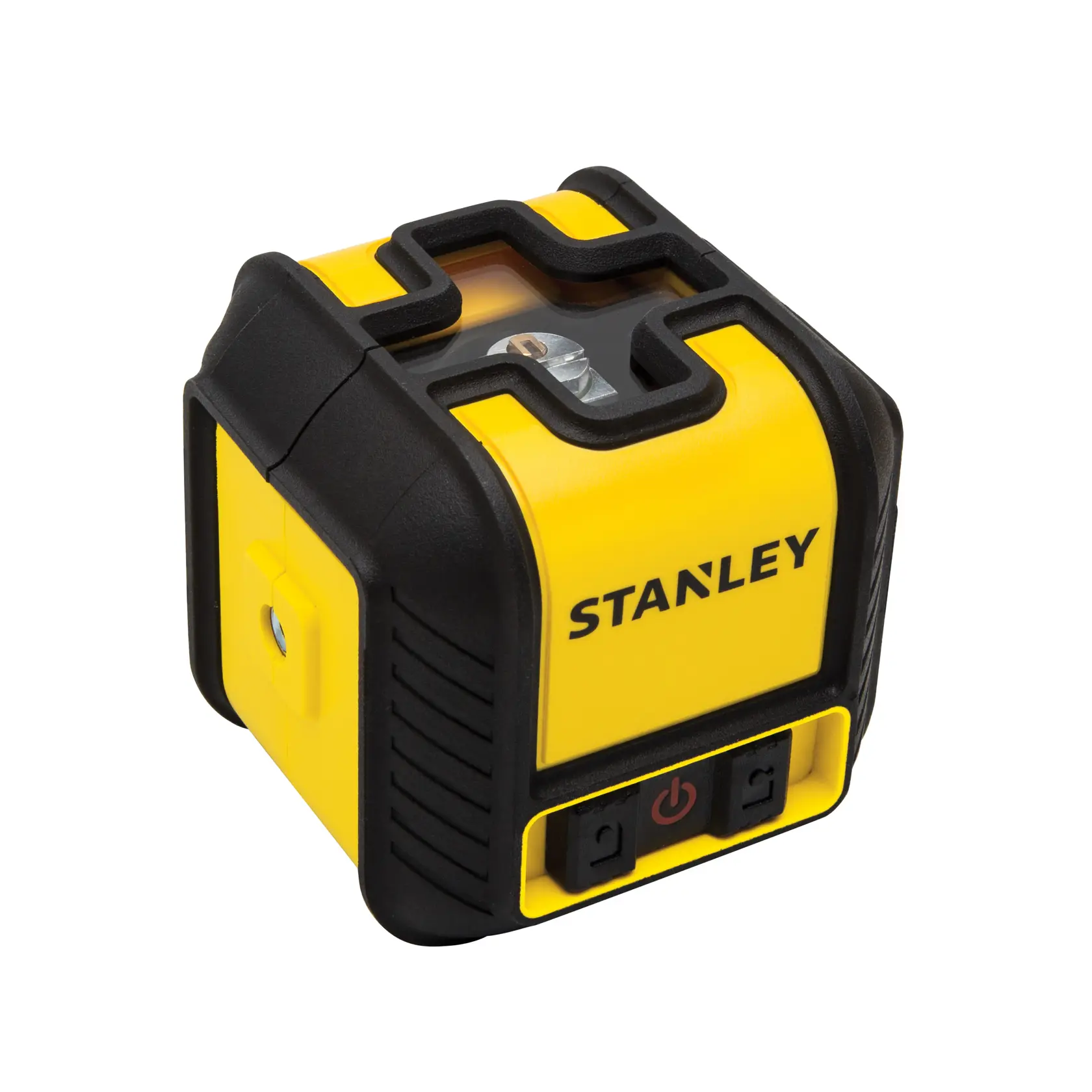 Photo of STANLEY STHT77498-1 yellow and black laser level, angled view on white background.