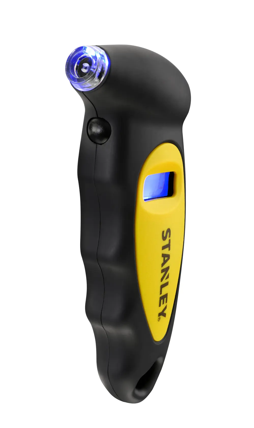 STANLEY STHT80874-0 digital tire gauge with LED light, black and yellow, front angle photo.