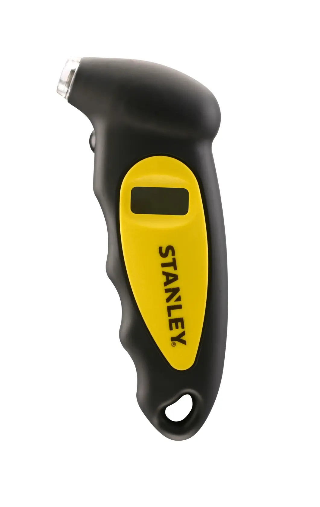 STANLEY STHT80874-0 digital tire pressure gauge, black and yellow, right side view, on white background.