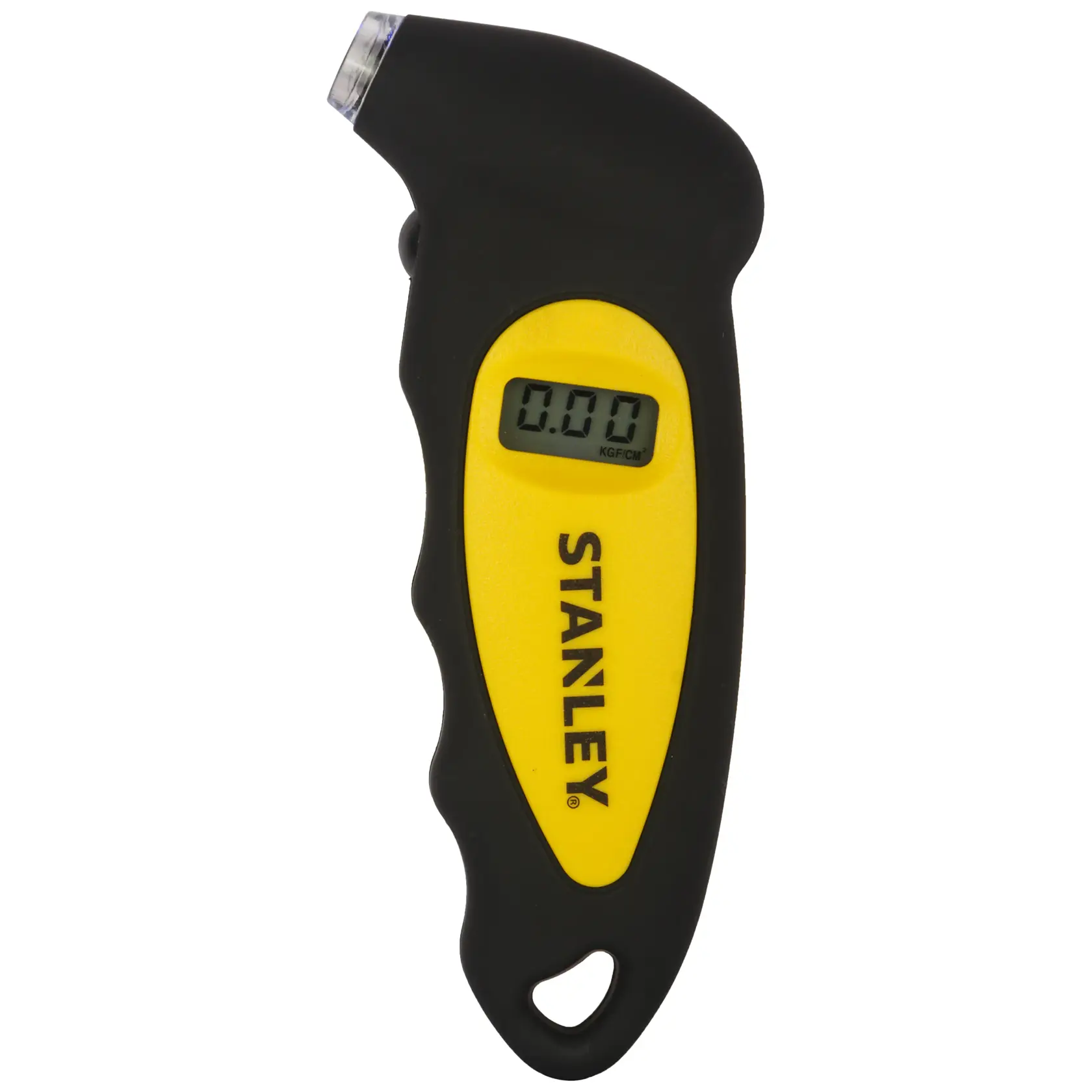 Stanley digital tire pressure gauge, yellow and black, with LCD display, ergonomic handle.