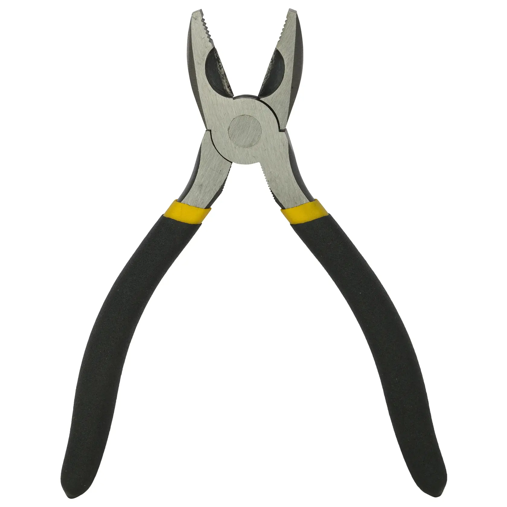 A pair of pliers with black handles and yellow accents, designed for gripping and cutting tasks.
