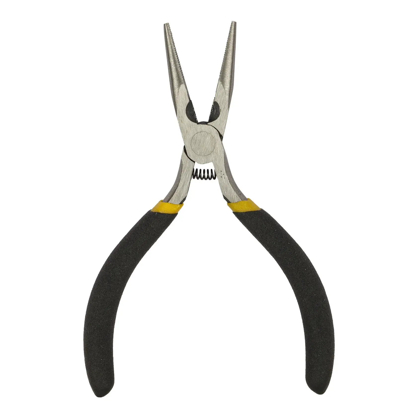 STANLEY STHT84119-8 long nose pliers with black and yellow handles, front angle, on white background
