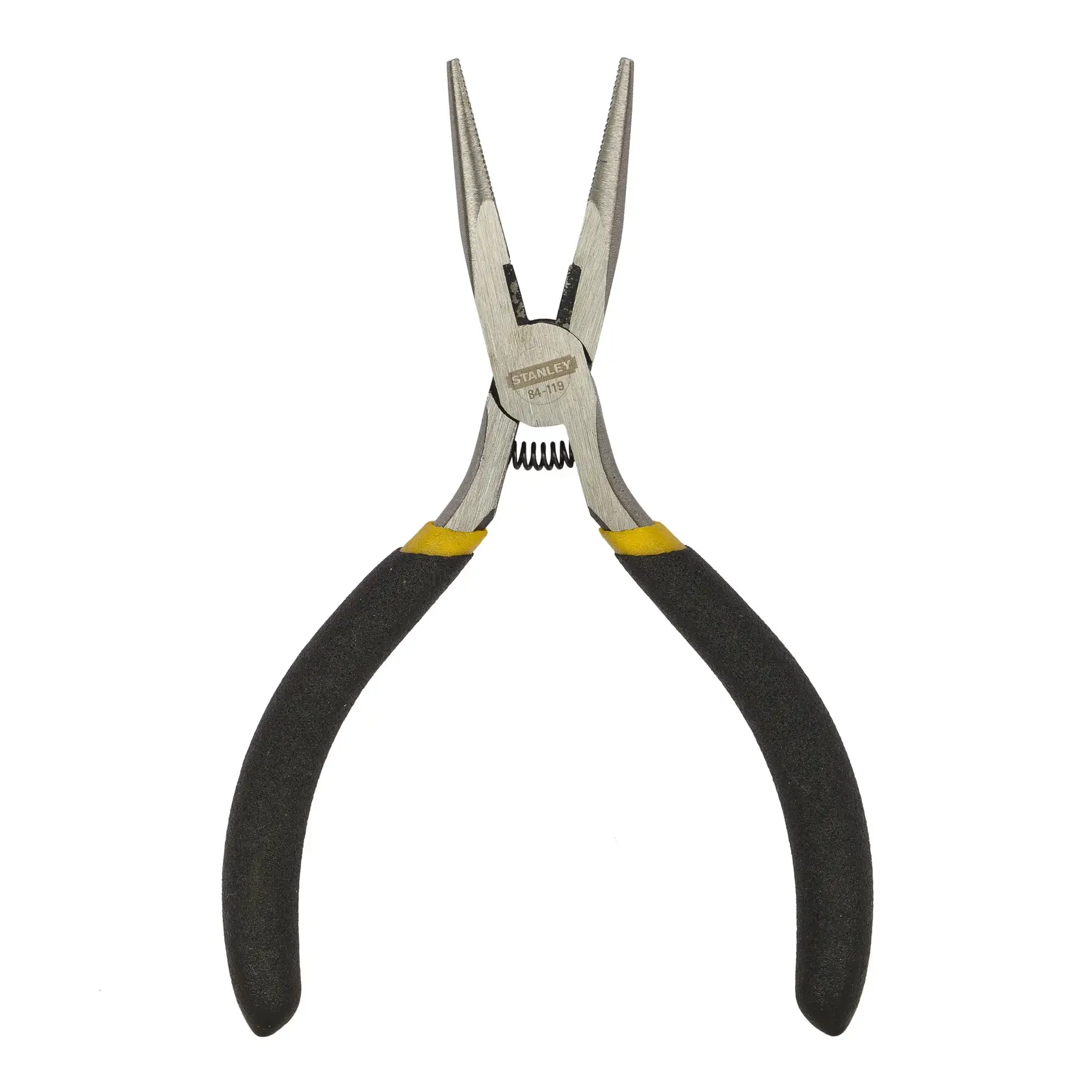 STANLEY STHT84119-8 long nose pliers with black and yellow handles, front angle on white background.