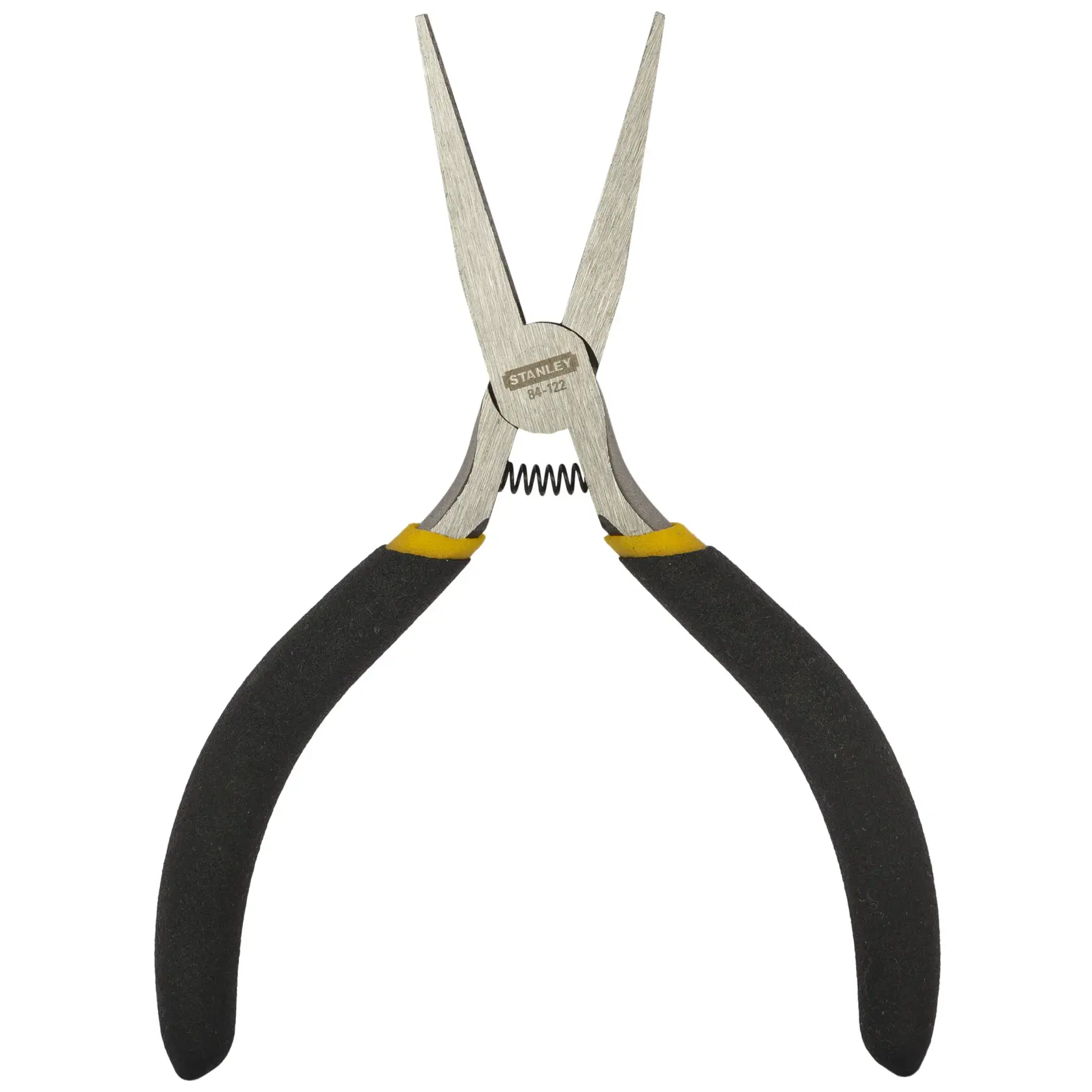 STANLEY STHT84122-8 long nose pliers with black and yellow handles, front view on white background.