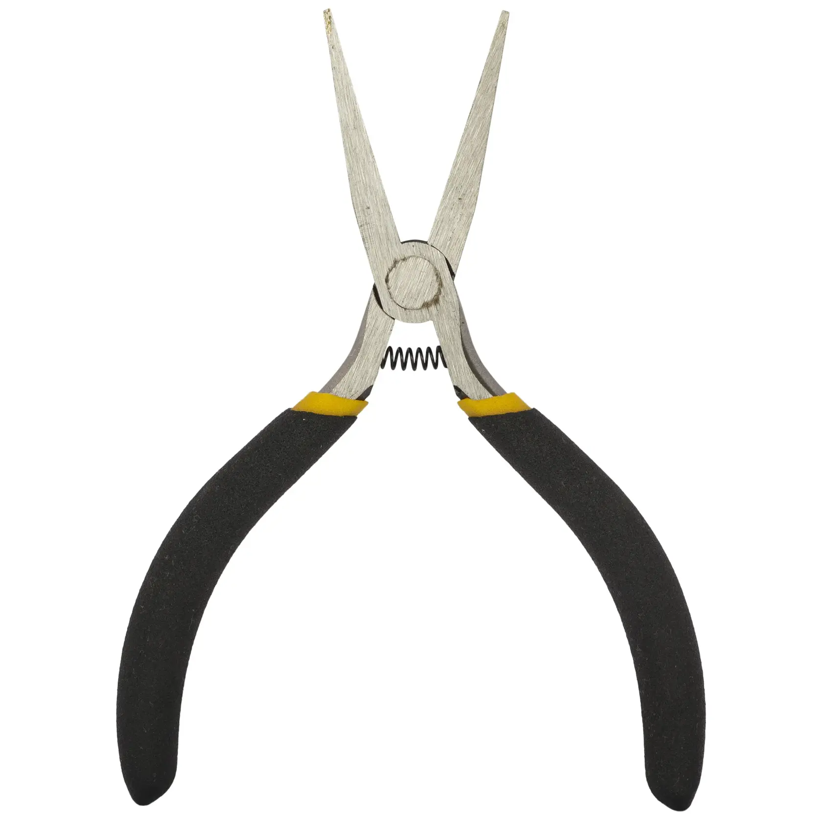 STANLEY STHT84122-8 long nose pliers with black and yellow handles, front angle, white background.