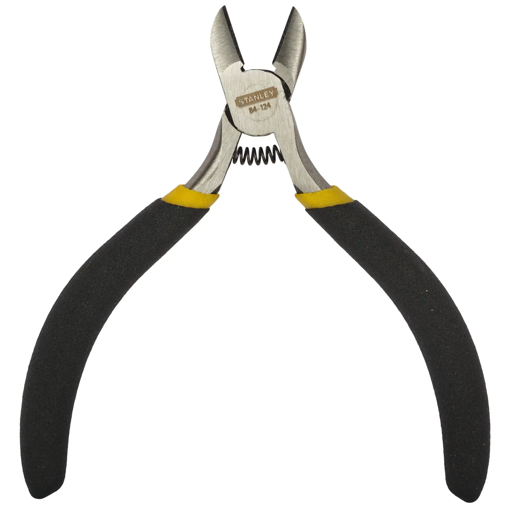 Stanley STHT84124-8 diagonal cutting pliers with black and yellow handles, front angle, white background.