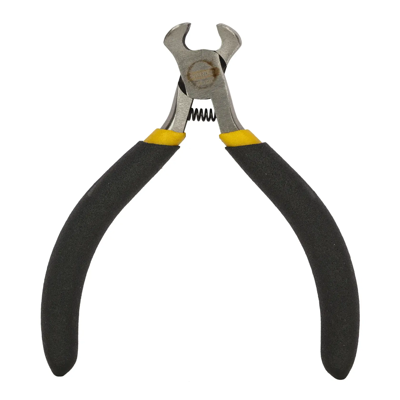 STANLEY STHT84125-8 end cutting pliers with black and yellow handles, front angle, white background.