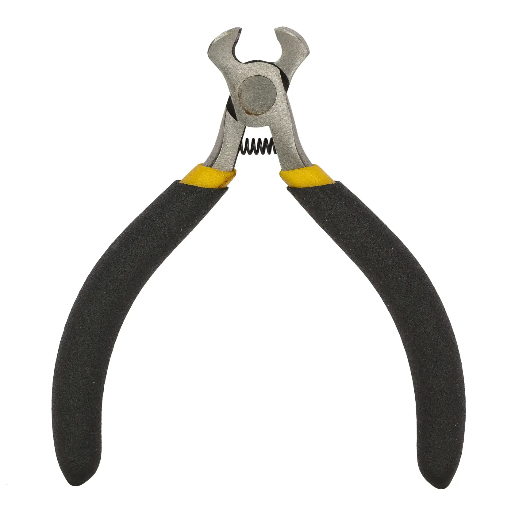 STANLEY STHT84125-8 end cutting pliers with black and yellow handles, front angle, on white background.