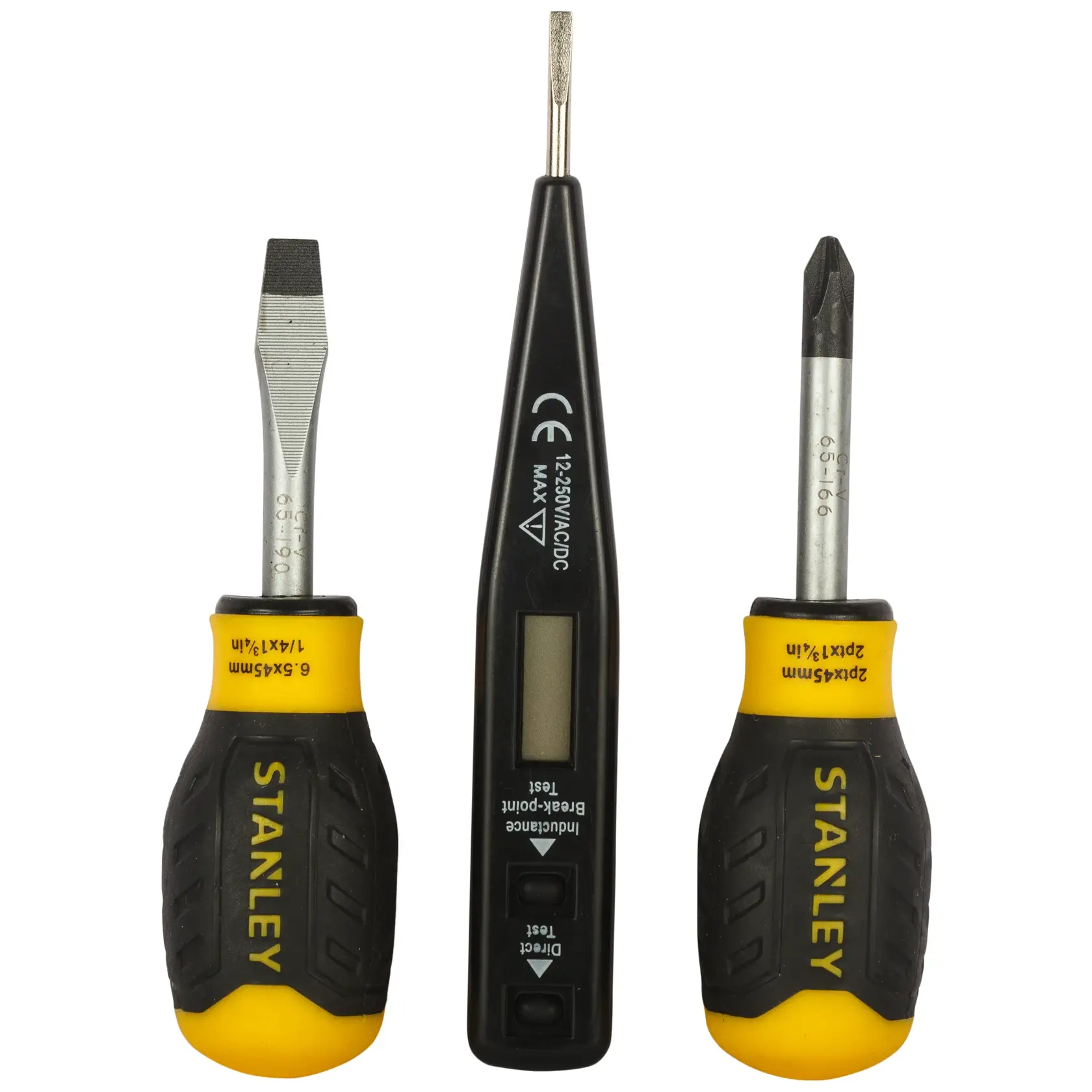 Stanley set with two screwdrivers and one digital tester for electrical tasks. Handles are black and yellow.