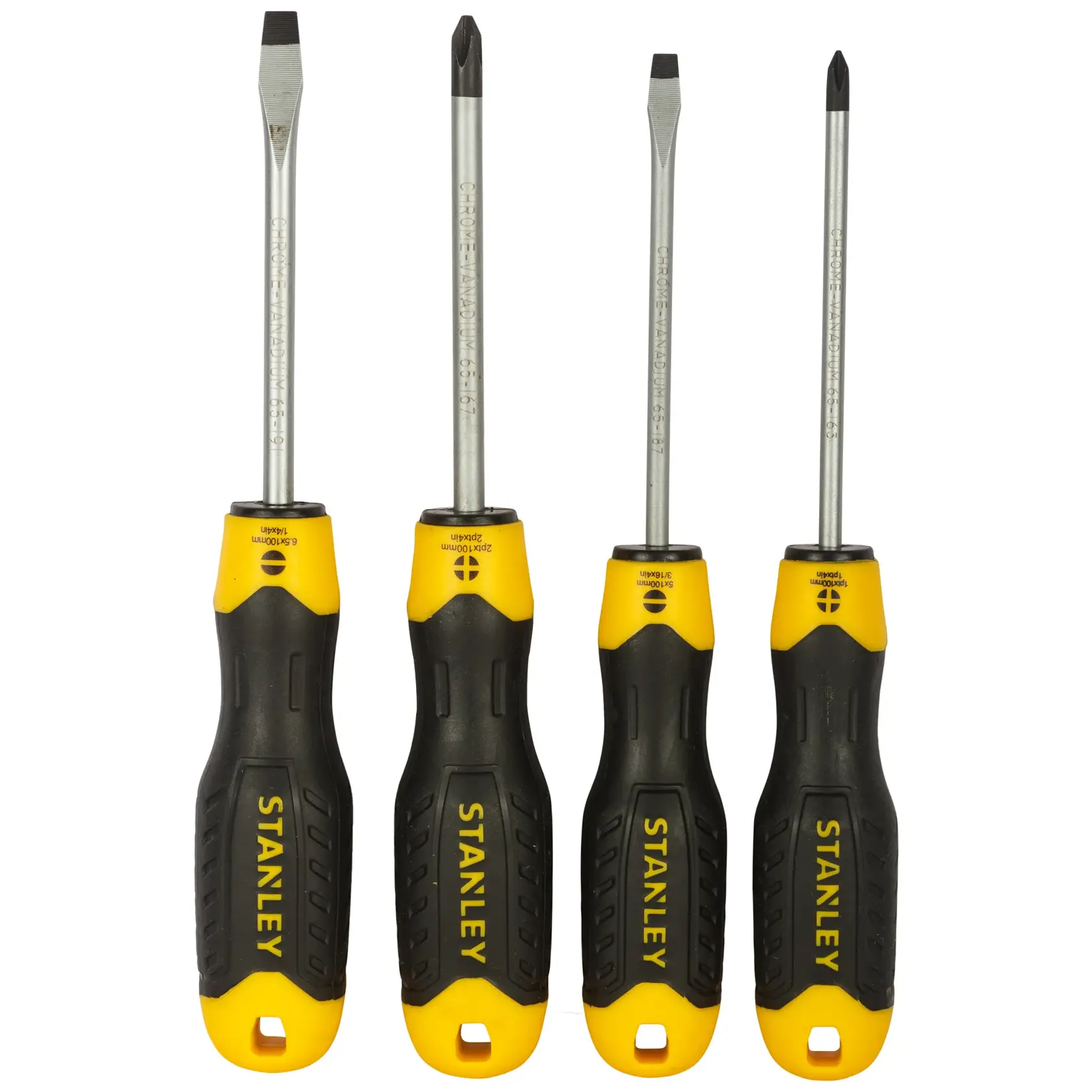Stanley STHT92002-8 screwdriver set, four black and yellow tools with ergonomic handles, front angle photo.