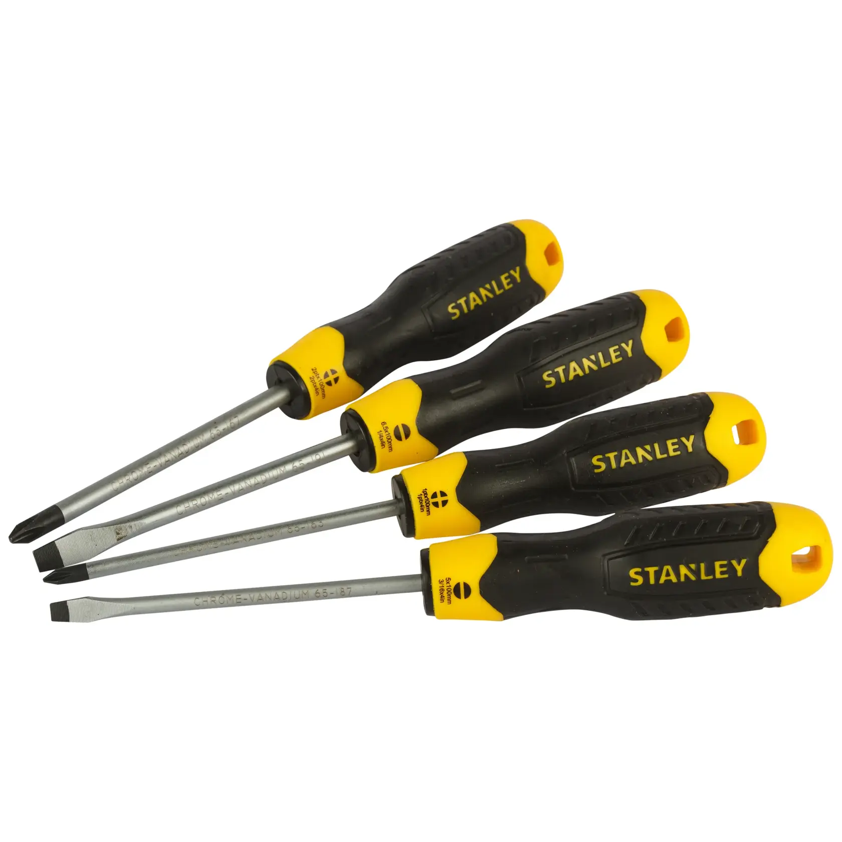 Set of four Stanley screwdrivers with black and yellow handles for different screw types.