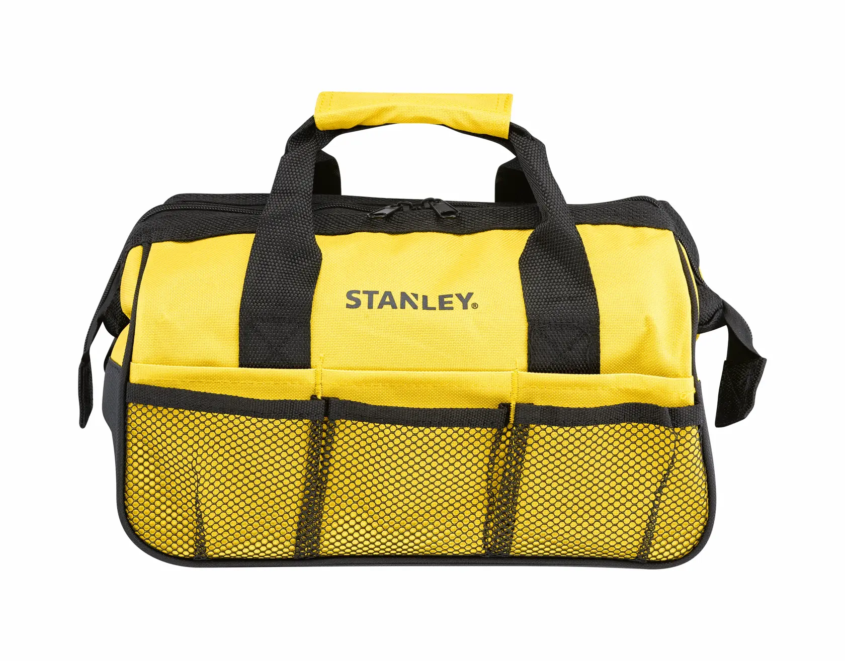 STANLEY STMT0-74101 tool bag, yellow and black fabric, front view with mesh pockets and handles.