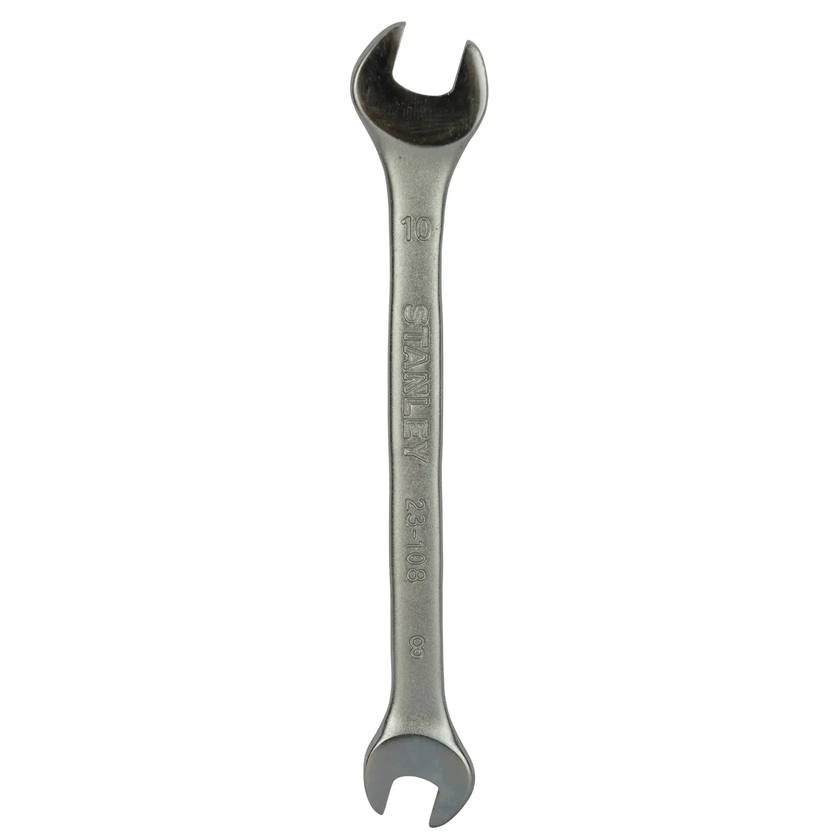 STANLEY STMT23108 open-end wrench, silver metal, top-down angle, product number engraved on handle.