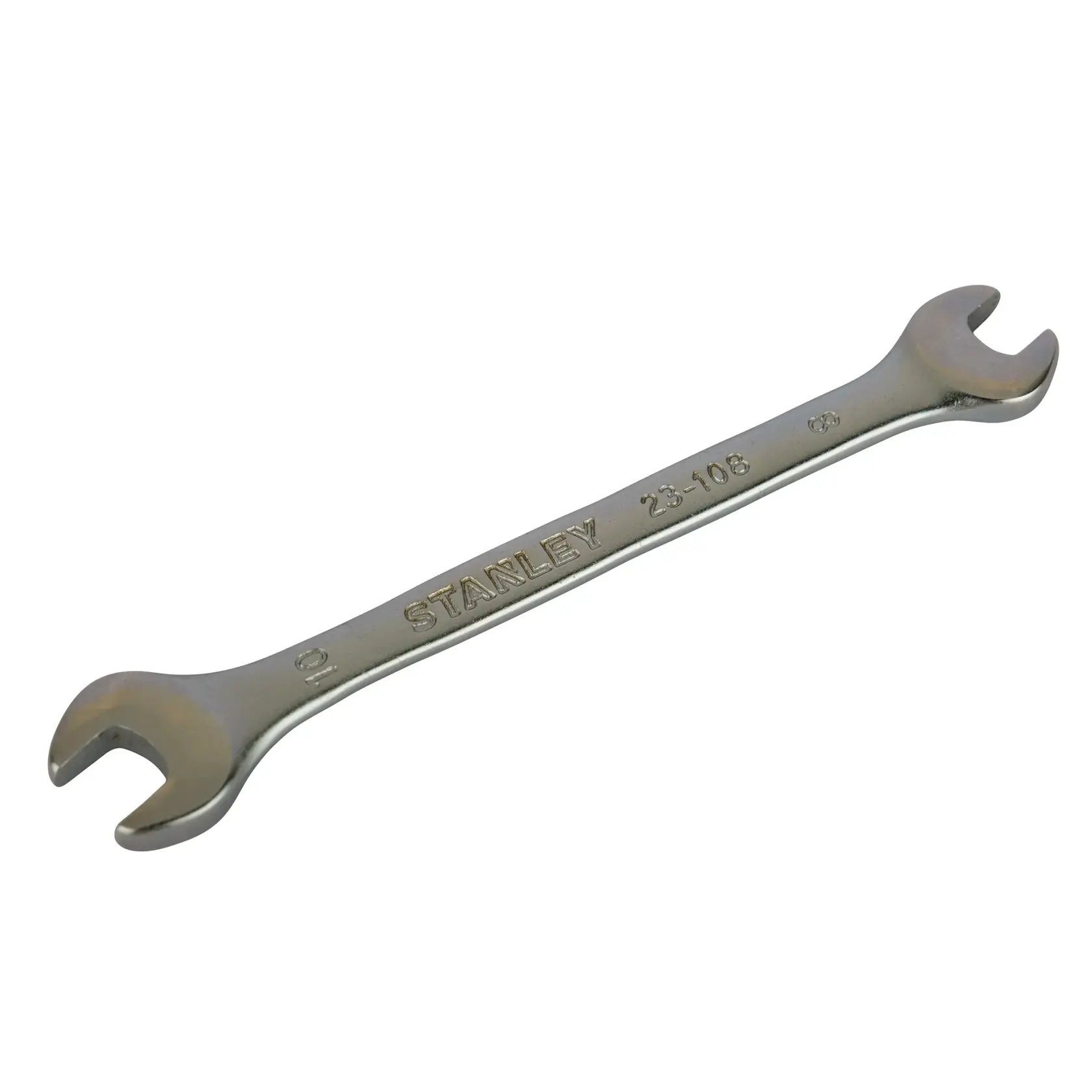STANLEY STMT23108 open-end wrench, silver finish, angled view, tool against white background.