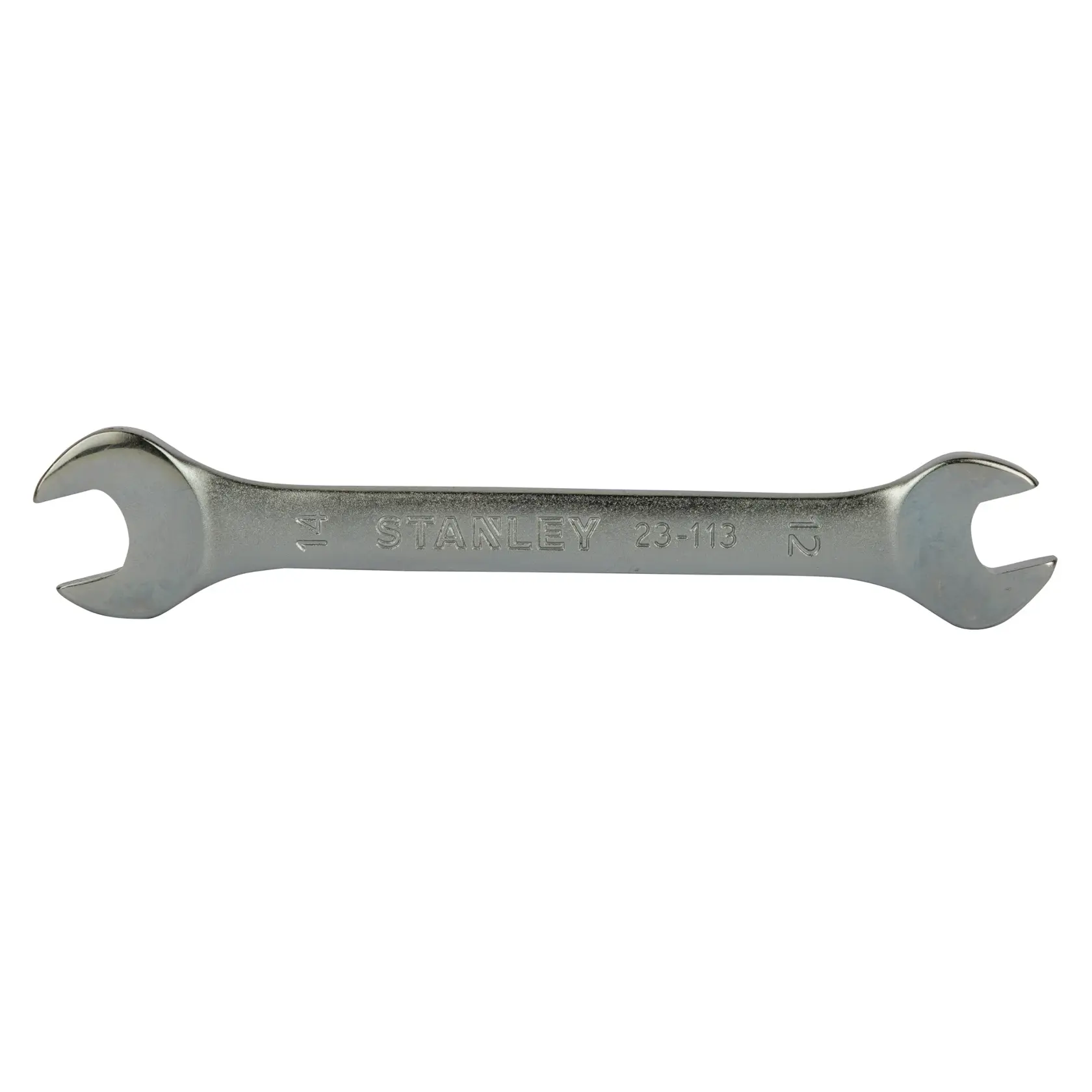 STANLEY STMT23113 open-end wrench with two sizes, silver metal, top view on white background.