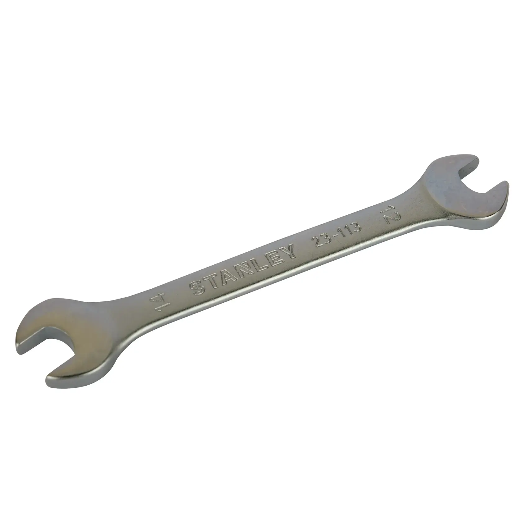 STANLEY STMT23113 open-end wrench, silver metal, angled view on white background.